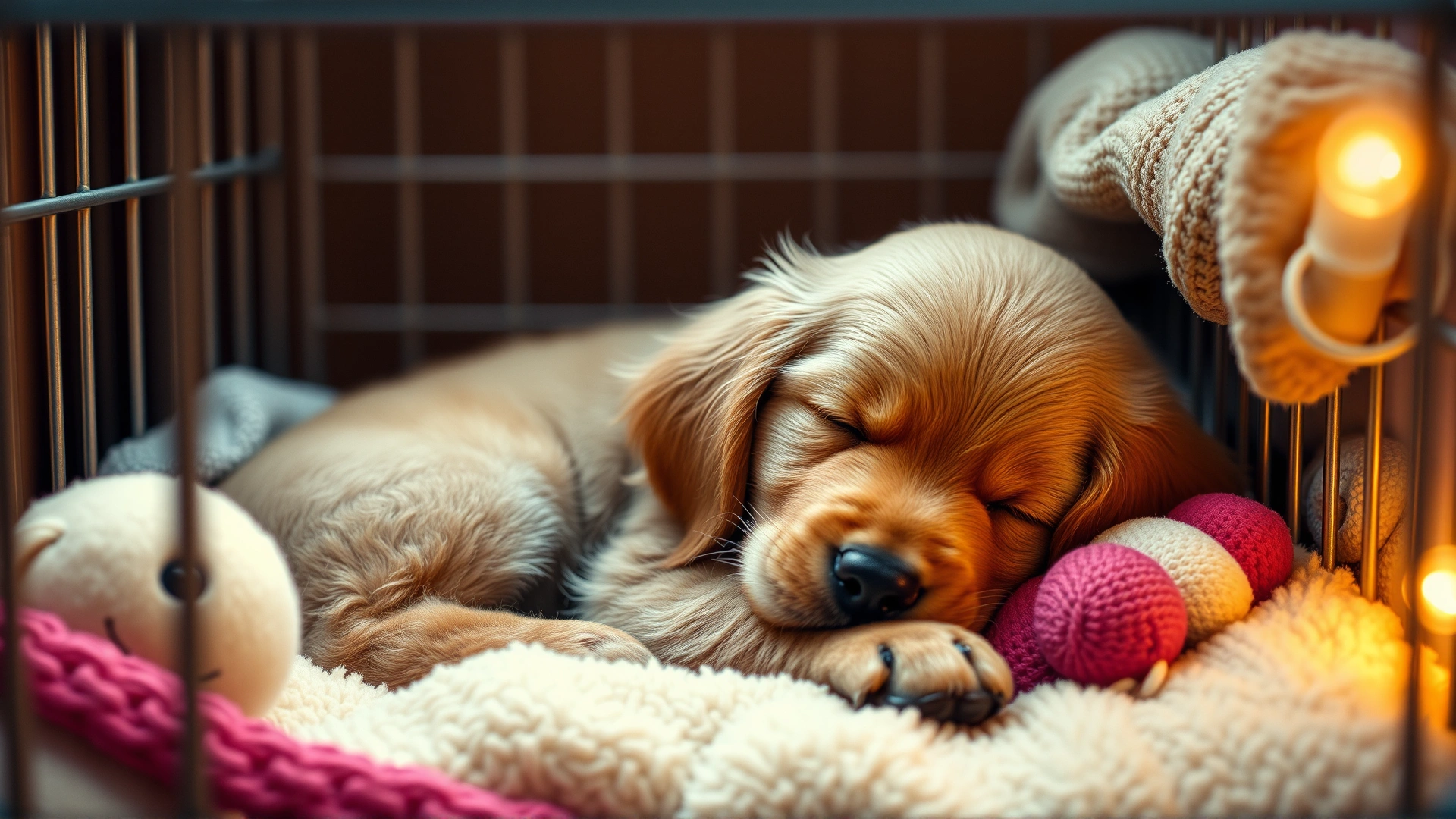 Golden Retriever puppy sleeping inside a soft, well-decorated crate with blankets and plush toys, warm ambient lighting