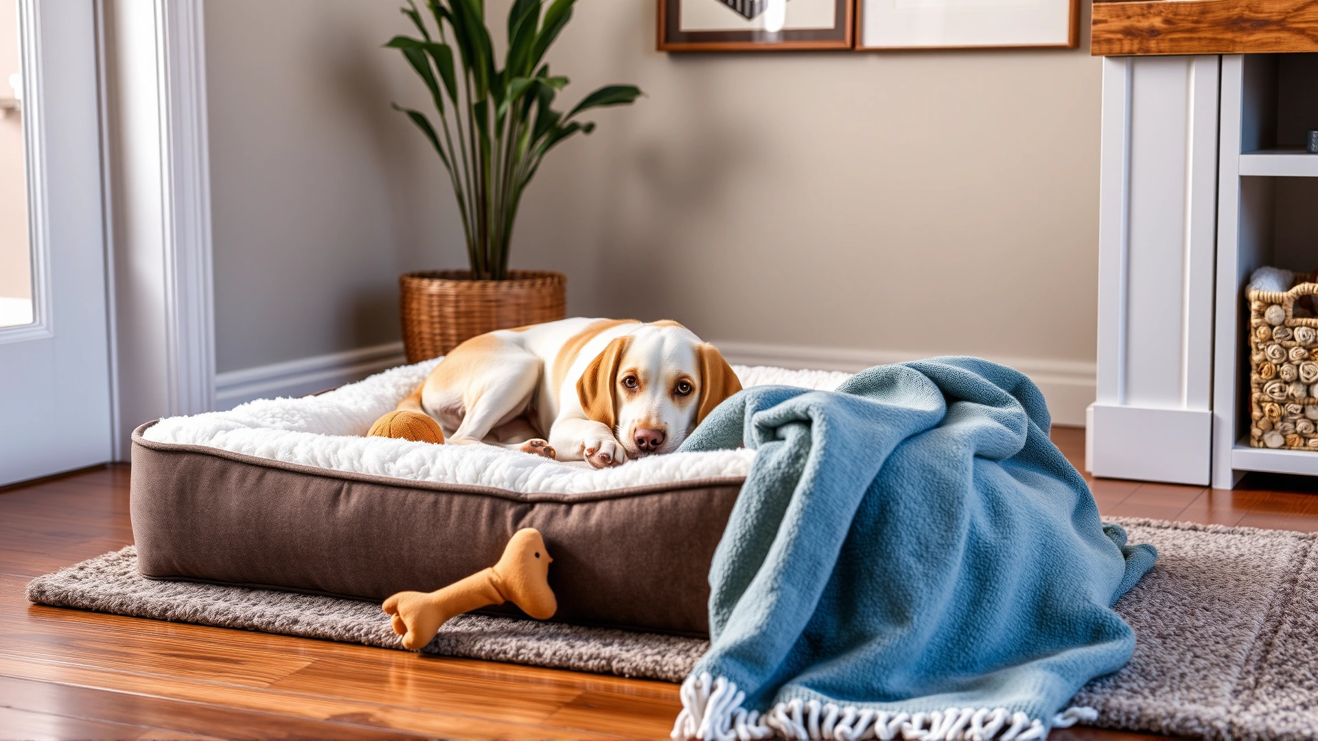 Plush orthopedic dog bed in a quiet corner of a living room with soft blankets and chew toys, inviting and comfortable.