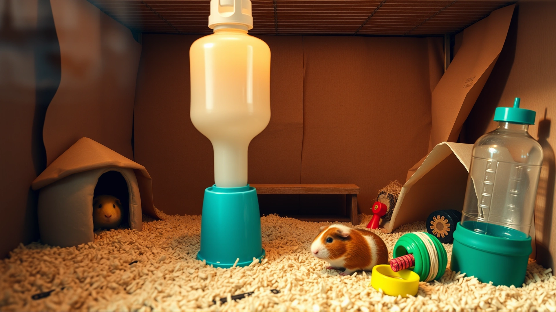 Interior shot of a spacious guinea pig enclosure with paper bedding, hideout huts, a water bottle, and chew toys, photographed in warm indoor lighting