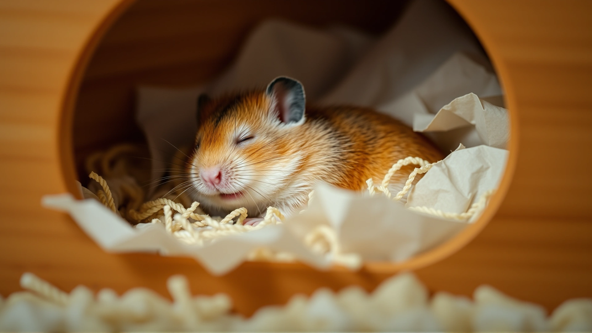 Sleeping hamster inside a wooden hideout surrounded by fresh paper bedding, soft focus, cozy atmosphere