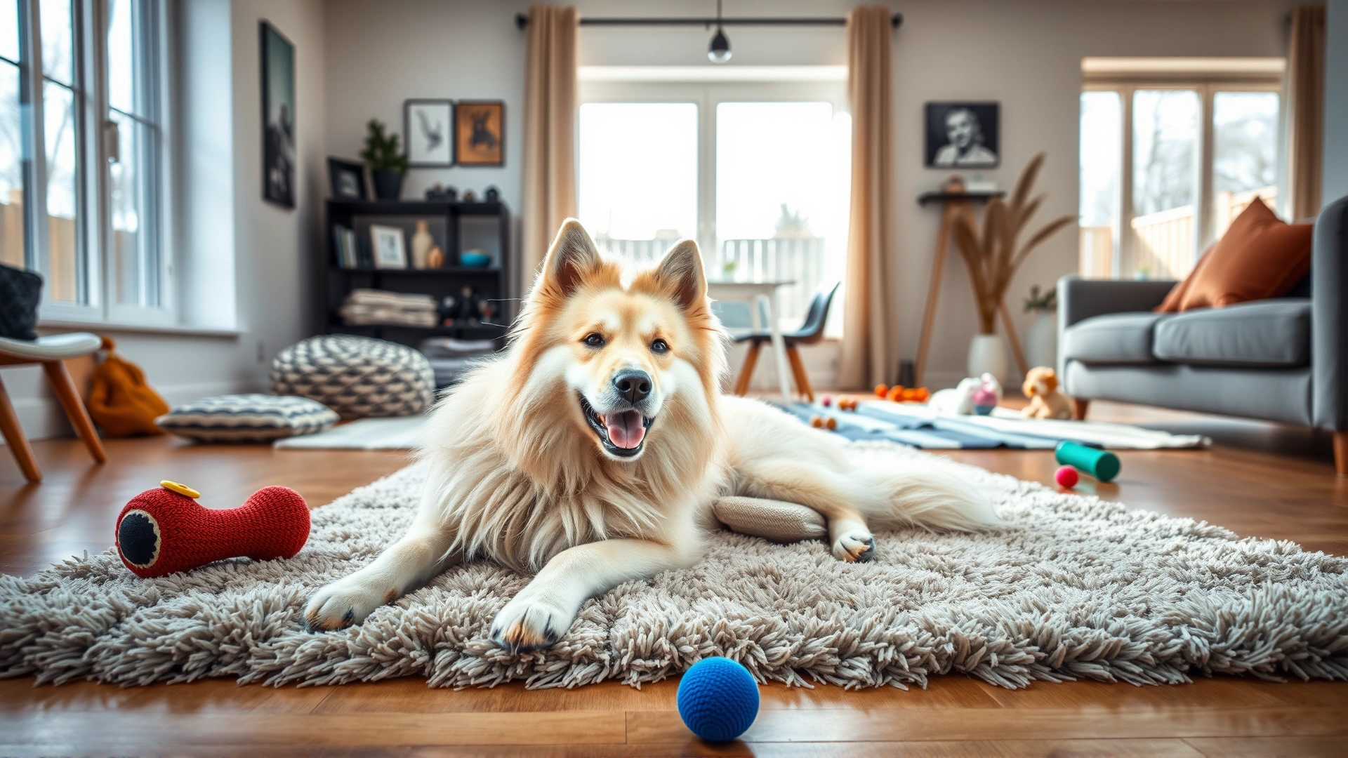 An Icelandic Sheepdog relaxing on a cozy rug in a modern living room with plenty of natural light, toys scattered around, and a large window showing a backyard.