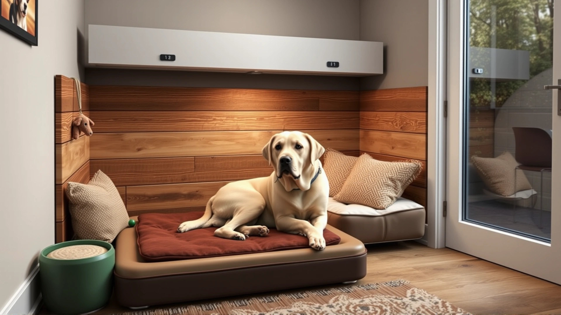 A comfortable indoor dog suite with a raised bed, toys, and a glass door, showing a relaxed Labrador lying down.