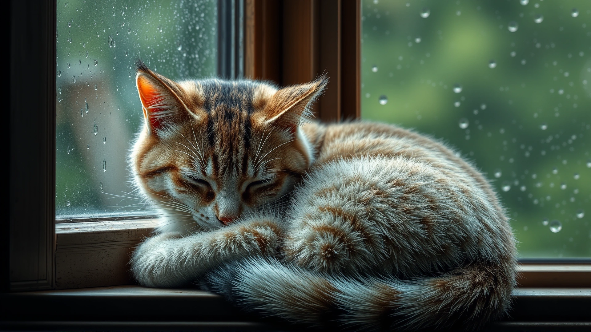 Cat curled up inside near a window on a rainy day, droplets visible on the glass, conveying weather influence on sleep.