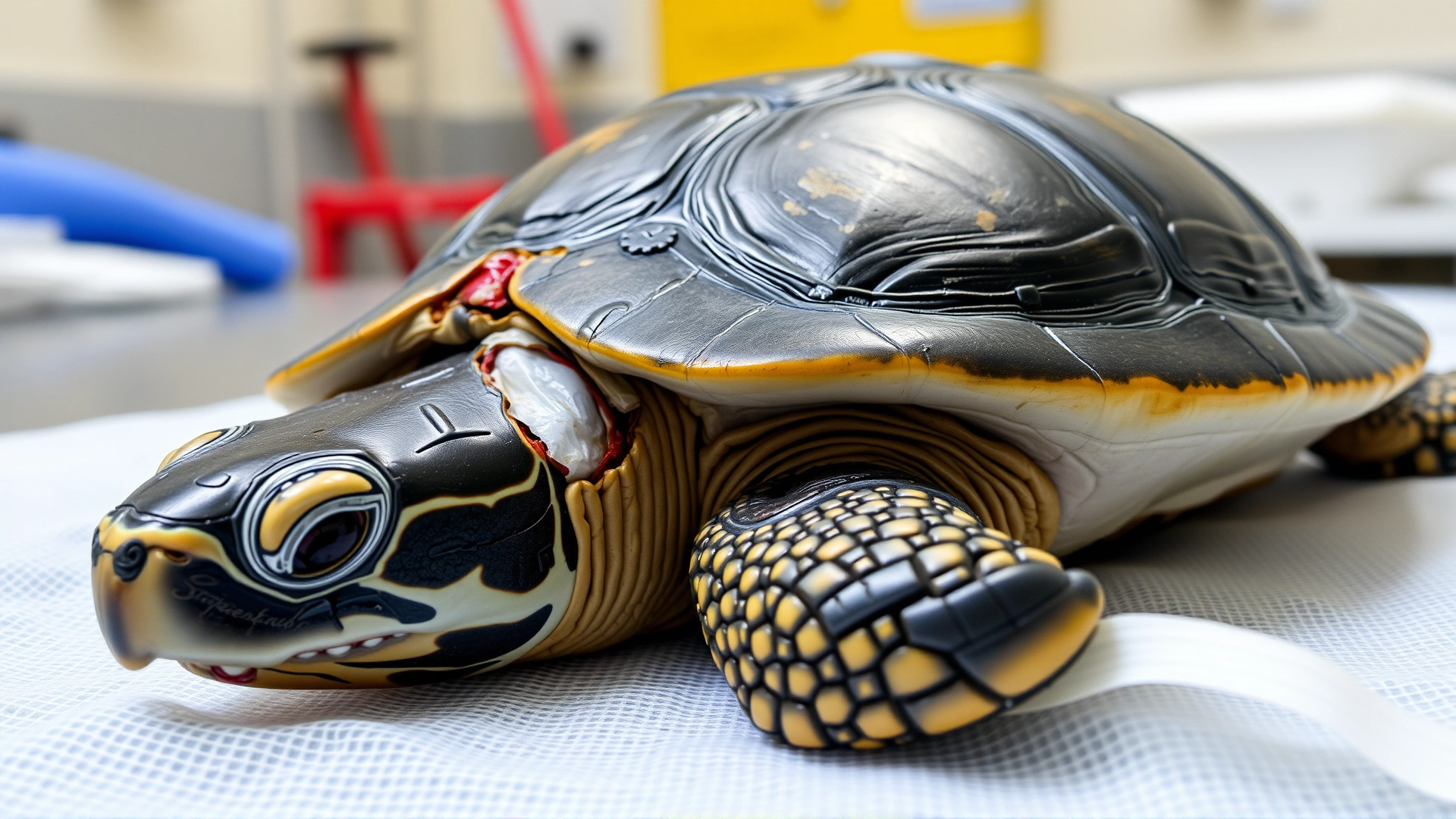 Turtle with a visible crack on its carapace resting on gauze in a veterinary hospital, showing detail of the injury.