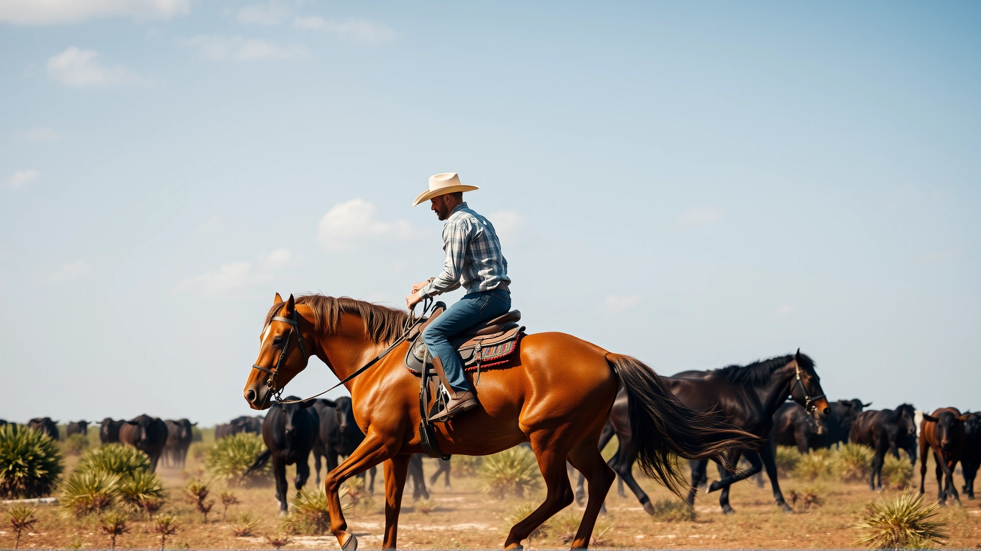 A modern cowboy wearing a wide-brim hat riding a Florida Cracker Horse while herding cattle across a flat Florida savanna with palmetto bushes.