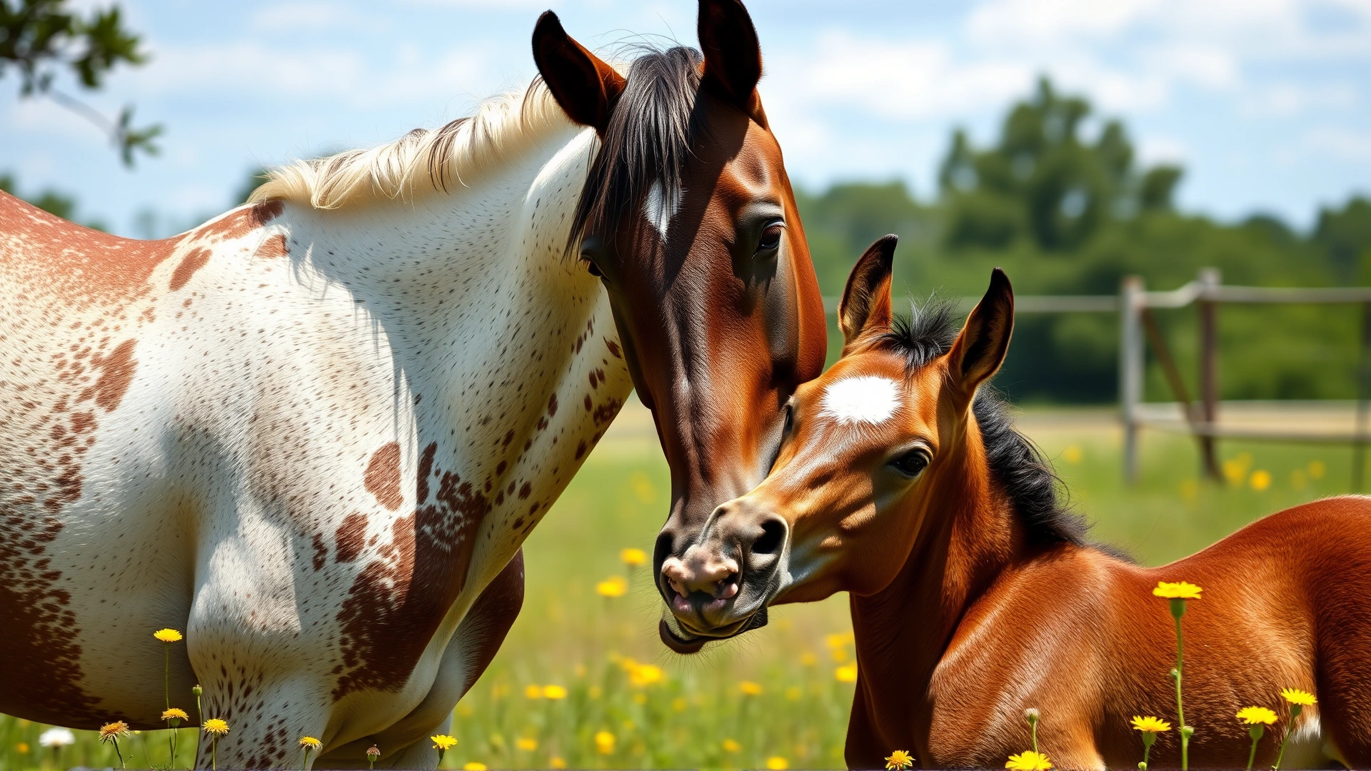 A Florida Cracker mare nuzzling her playful foal in a sun-drenched paddock with wildflowers.