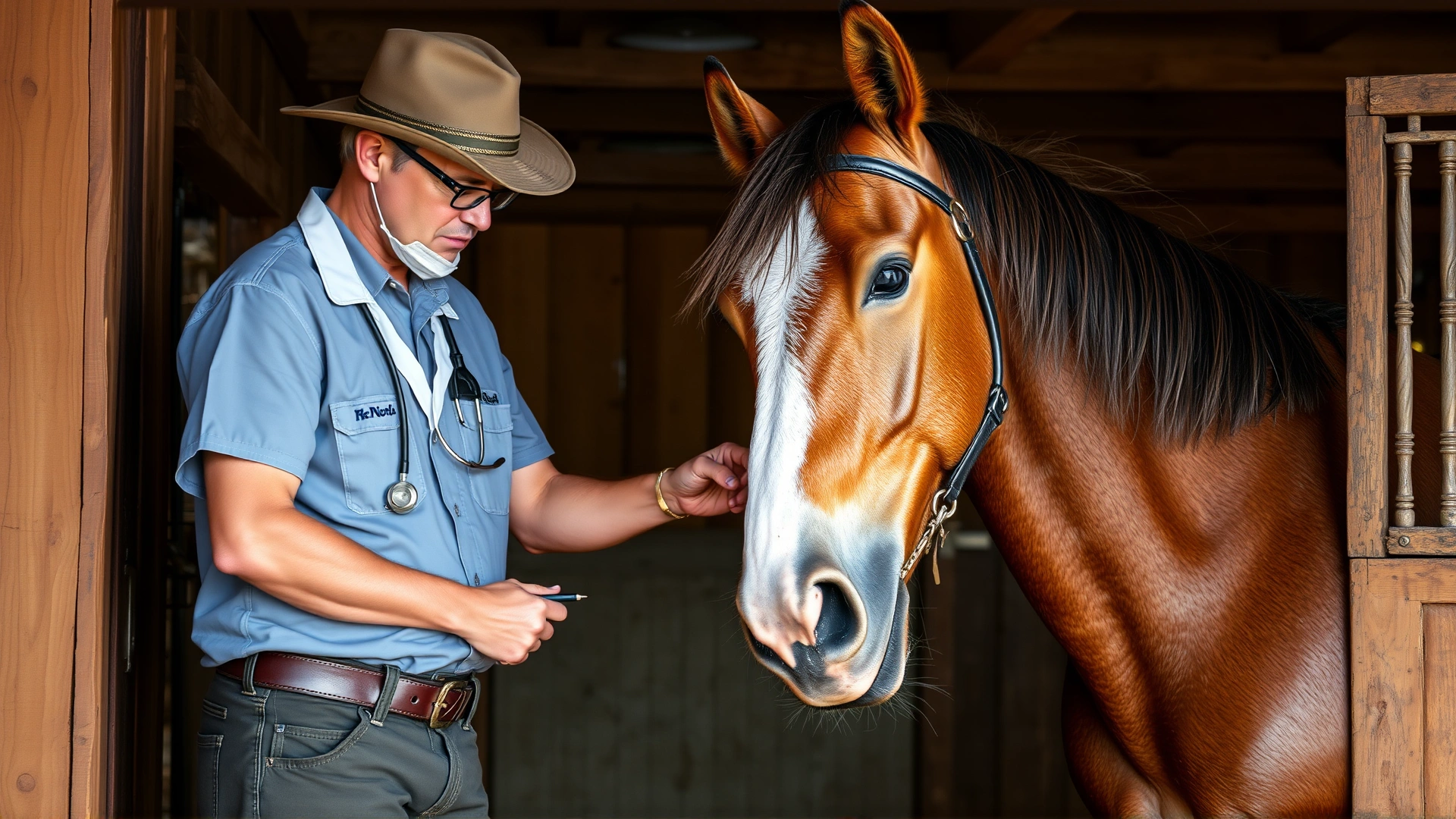 A veterinarian in casual barn attire examining the leg of a Florida Cracker Horse inside a rustic wooden stable.