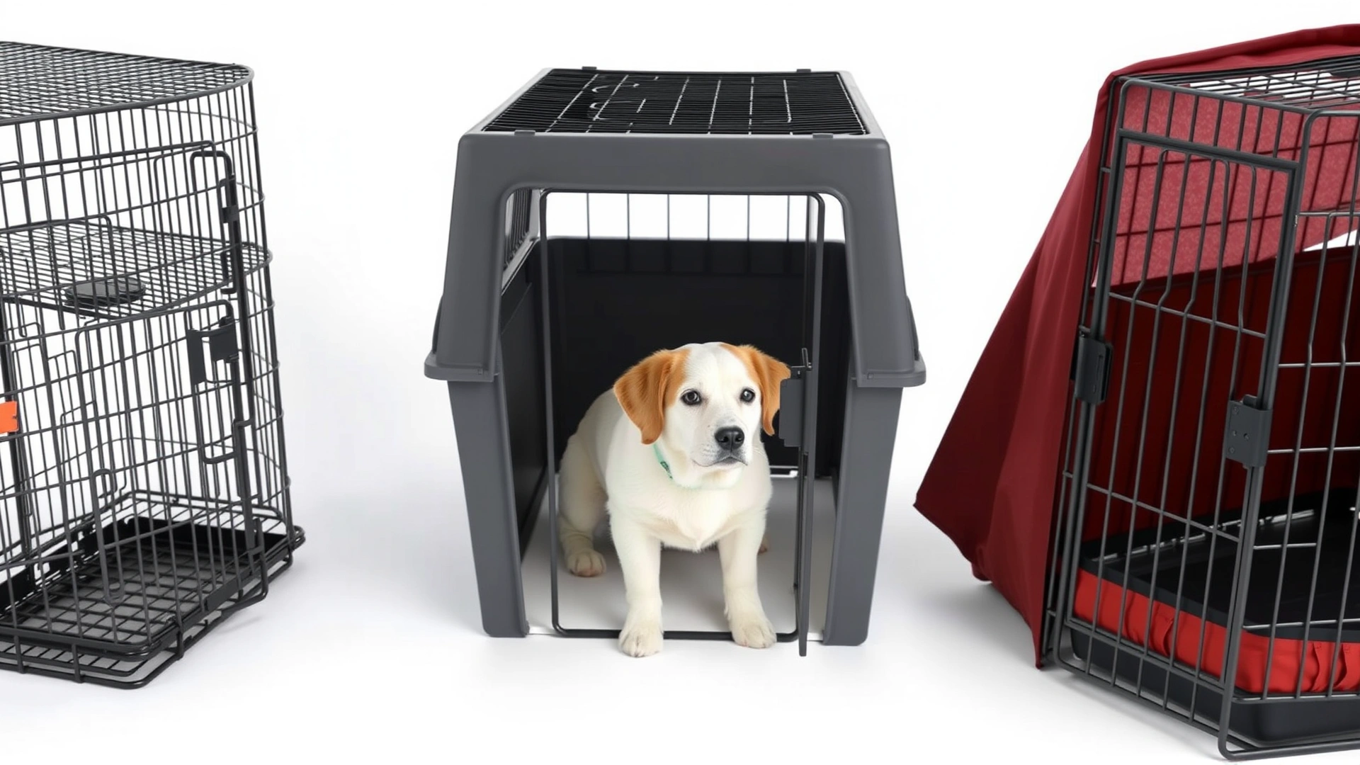 Various types of dog crates (wire, plastic, and fabric) displayed side by side on a clean white background for comparison