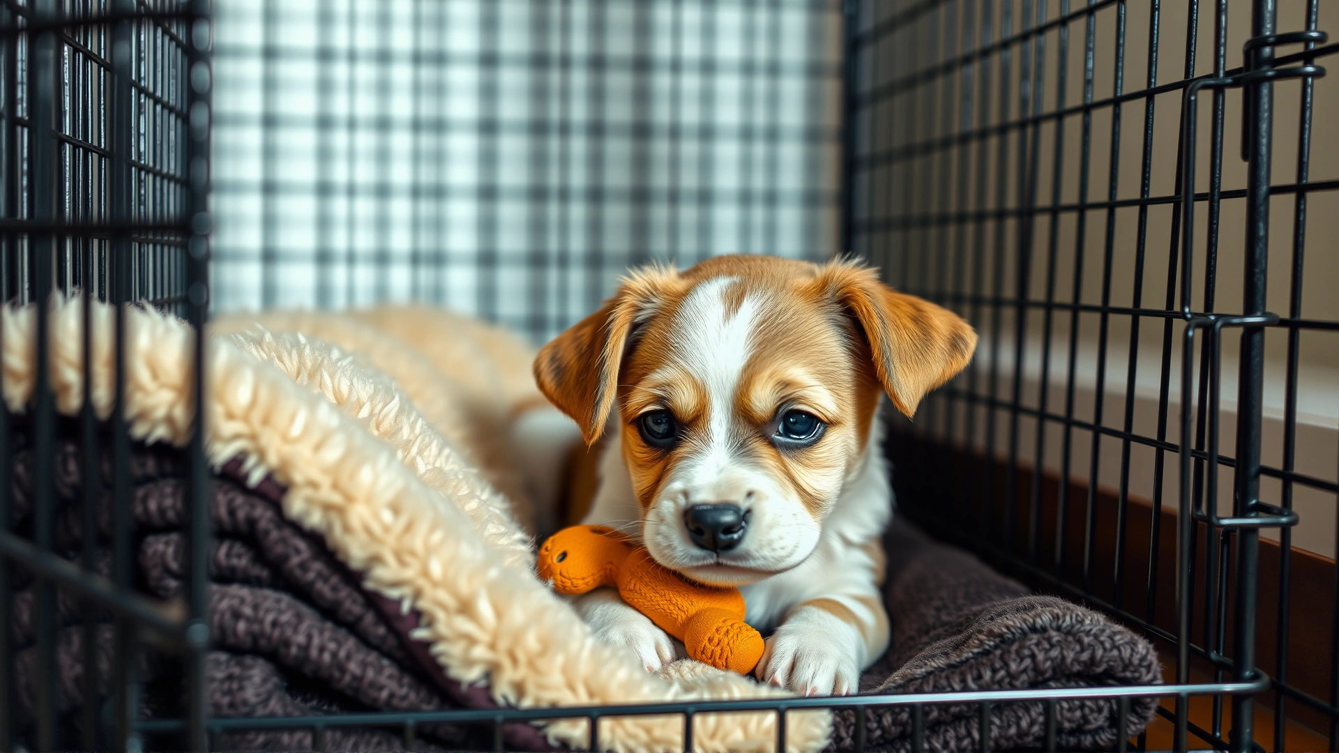 A curious puppy lying comfortably inside an open wire crate lined with a fluffy blanket and a chew toy, showing the crate as a safe space.