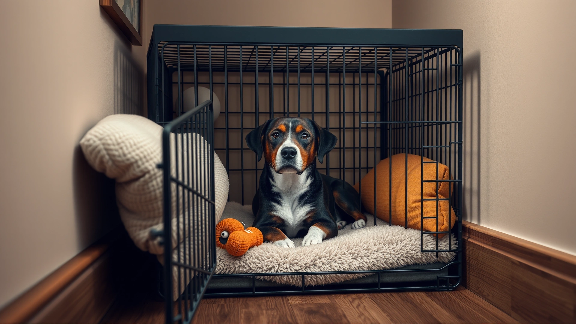 A crate set up in a quiet corner with soft bedding and an inviting chew toy, suggesting a safe space for the dog.
