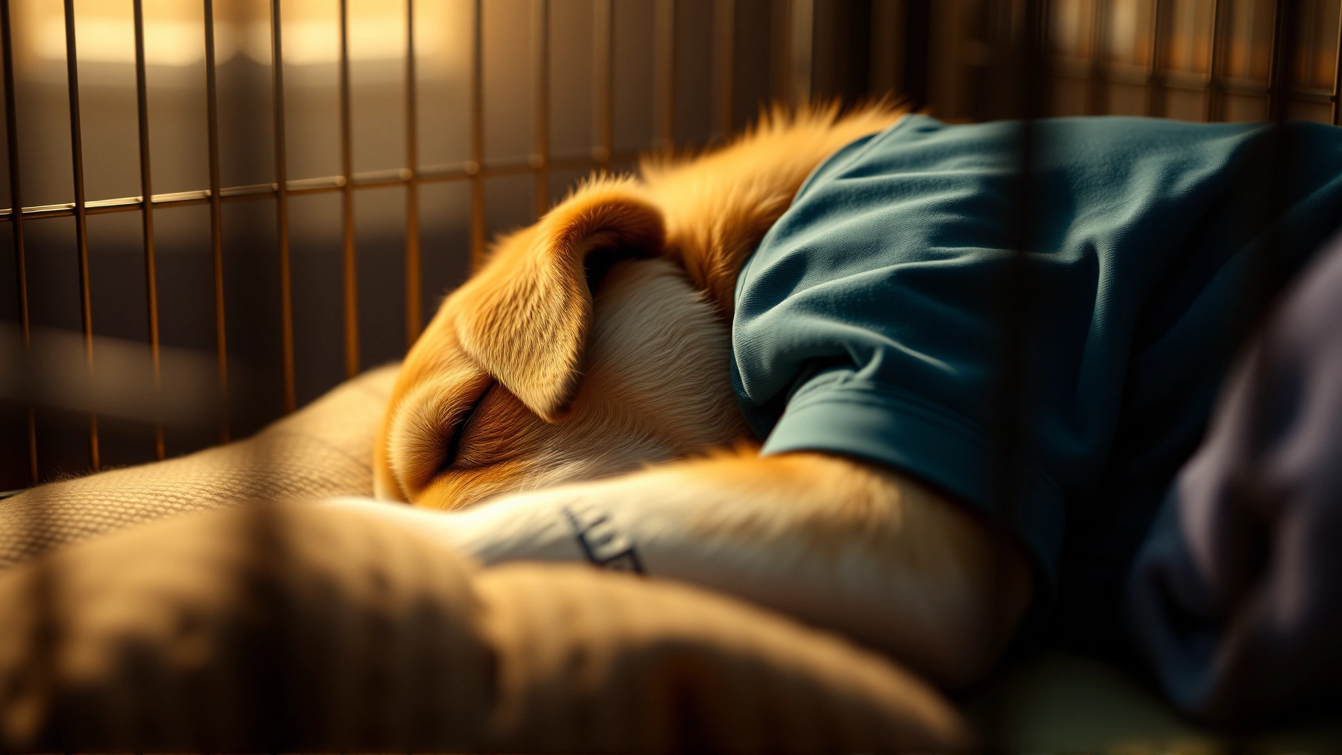 Dog sleeping calmly inside a cozy crate with a human t-shirt and soft ambient lighting