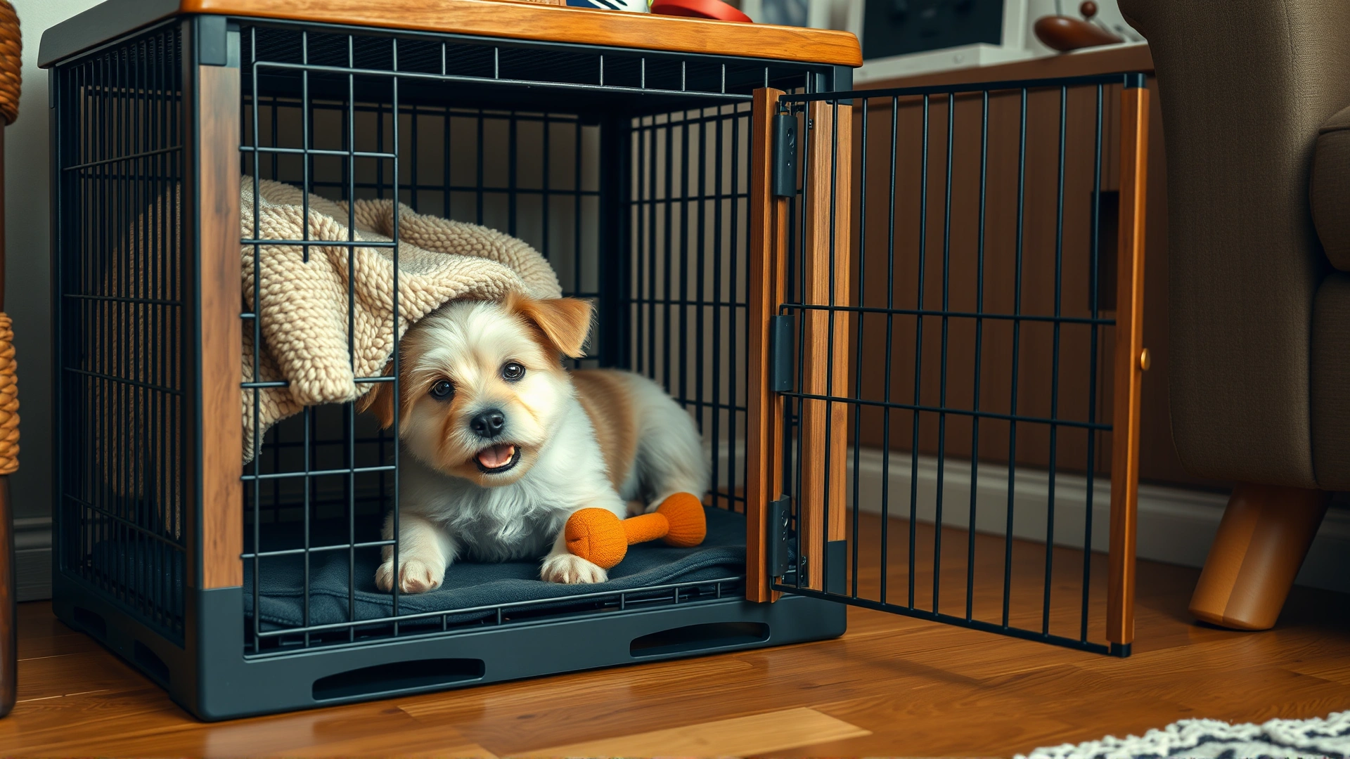 Wide shot of a neatly arranged dog crate in a living room corner, featuring a plush blanket, a chew toy, and the door open invitingly