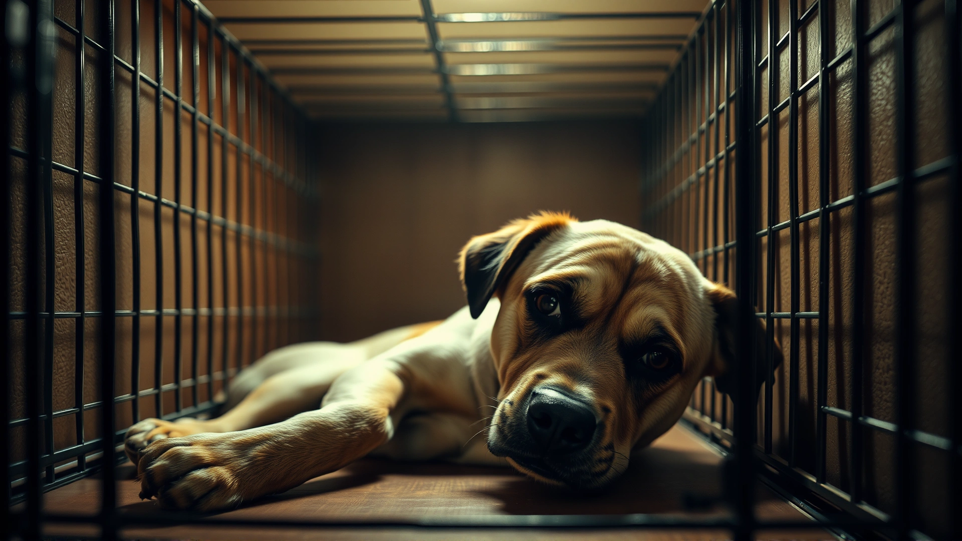 Dog lying alone inside a crate in a dimly lit room, looking bored and sad.