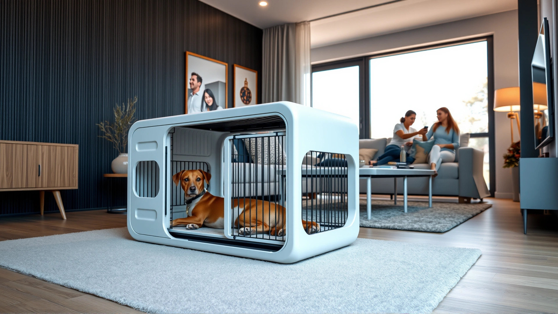 Modern living room corner featuring a designer dog crate blended with furniture; a relaxed dog rests inside while family activity happens in the background