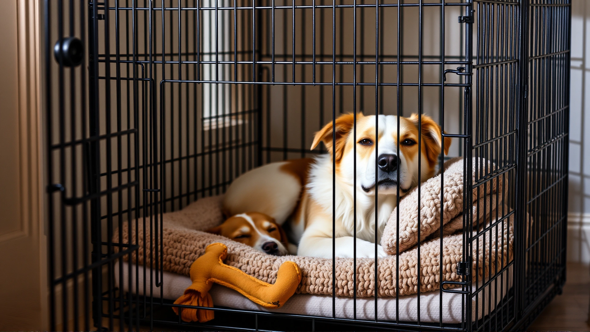 Indoor scene of a comfortable wire dog crate with soft bedding; a calm dog resting inside while a chew toy lies nearby, cozy evening light.