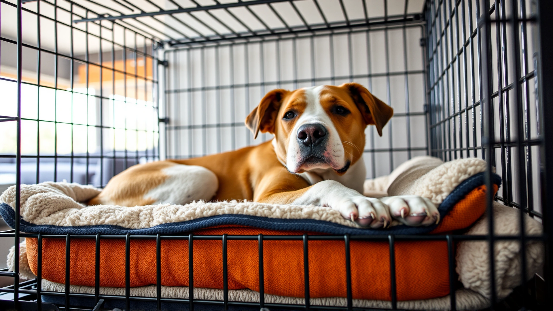 Dog resting comfortably inside a spacious crate with soft bedding, demonstrating post-treatment exercise restriction.
