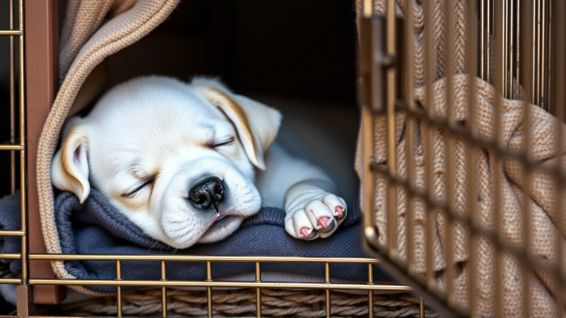 A sleepy puppy resting calmly inside an open crate with a soft blanket, illustrating a time-out or rest period.