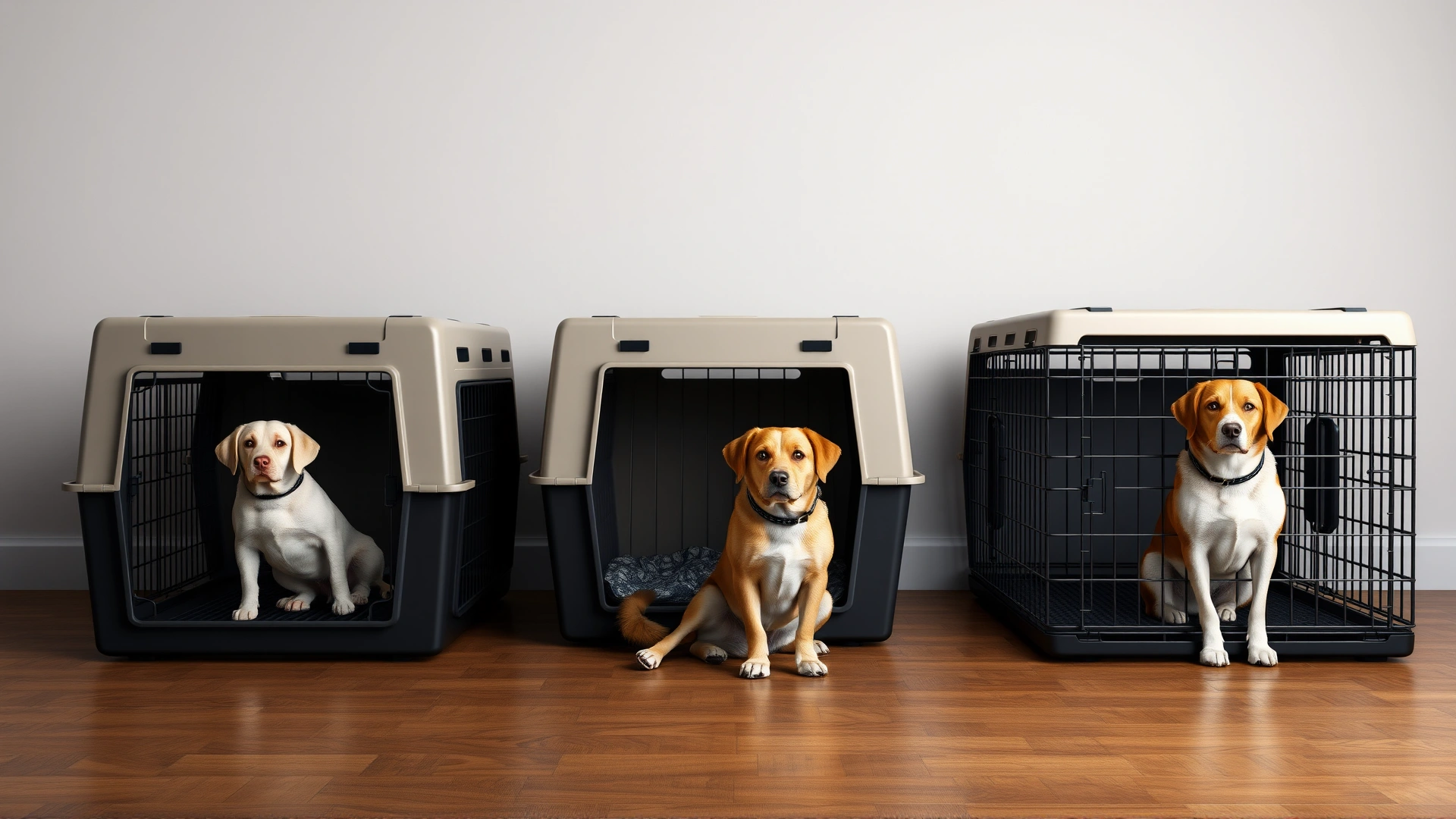 Three dog crates of different sizes lined up side by side with small, medium, and large dogs sitting next to the corresponding crate, indoor studio lighting