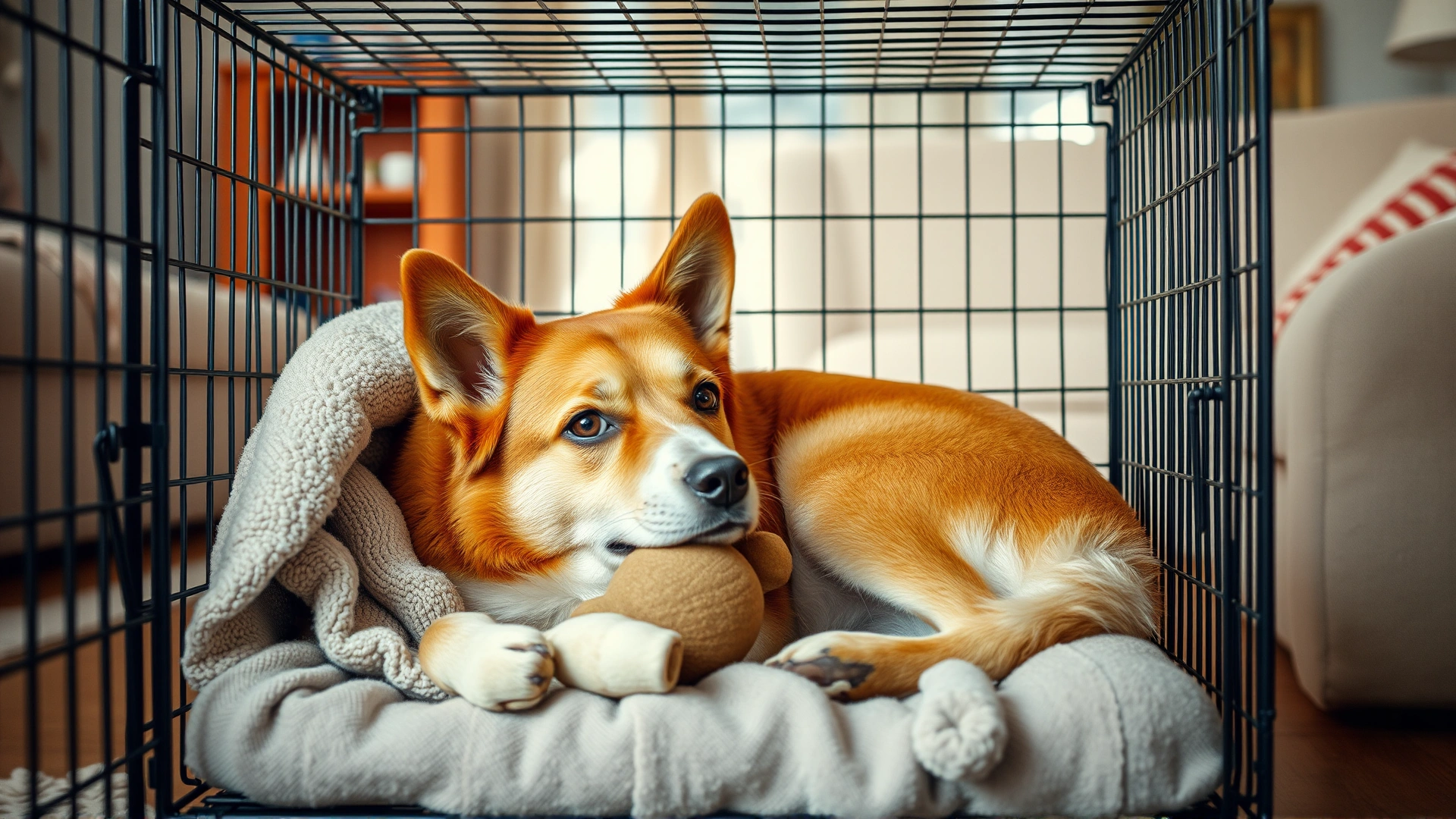 Adult dog lying comfortably inside a spacious wire crate with a soft blanket and chew toy, cozy living room background, daylight.