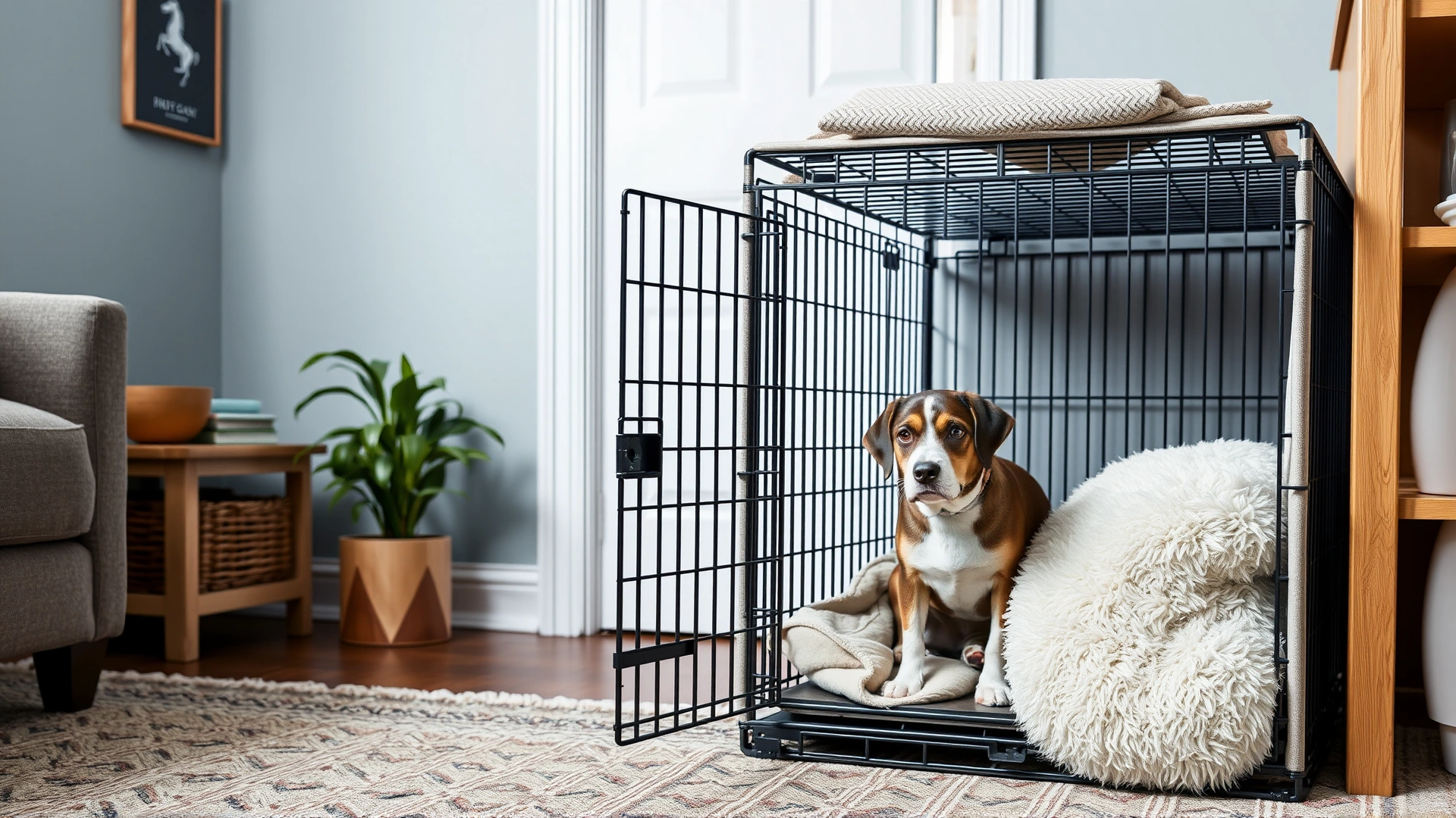 Tidy living room with an open dog crate containing soft bedding; a calm dog entering the crate willingly