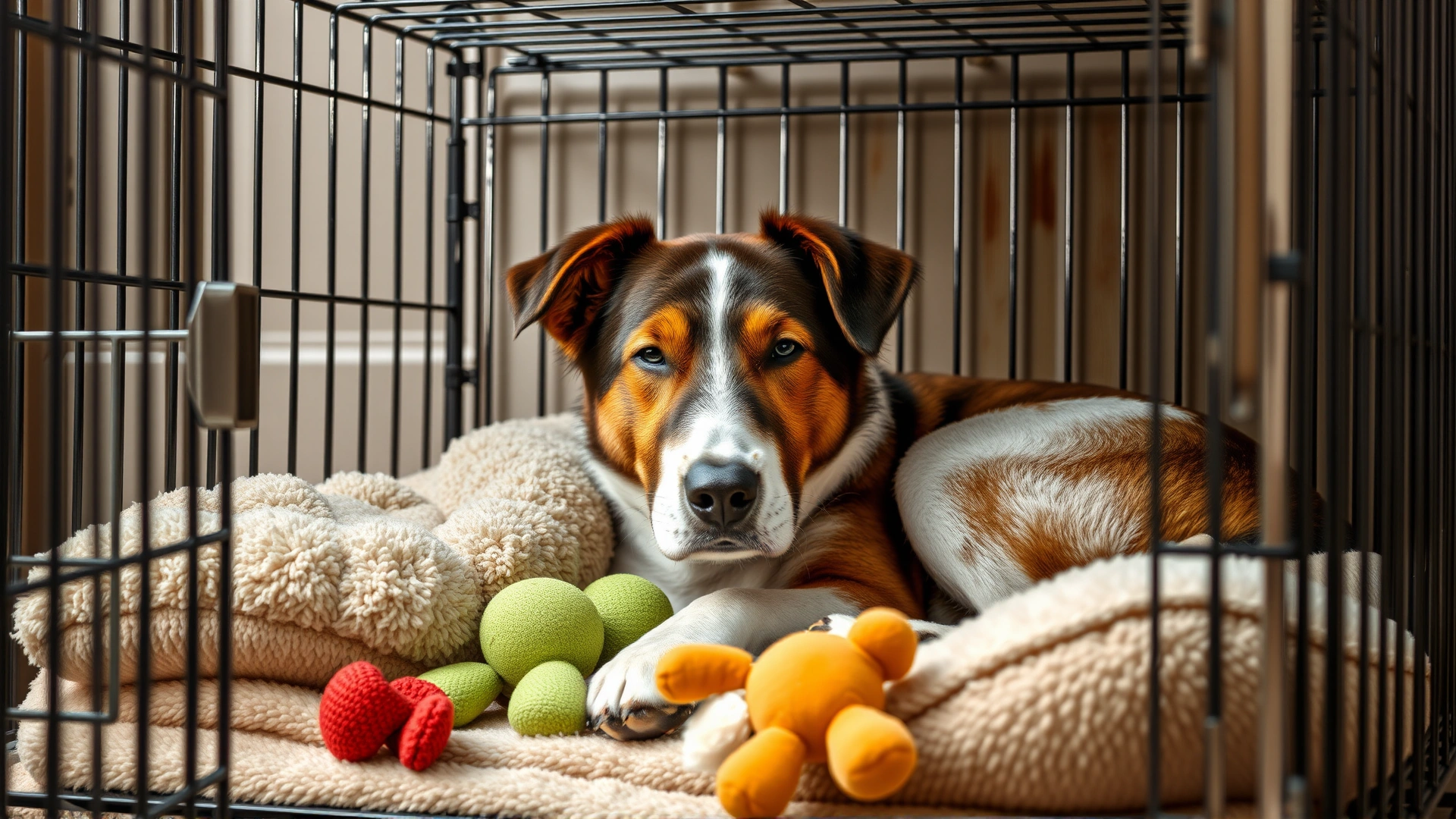 Dog relaxing inside an open crate with comfortable bedding and toys, looking calm and content.