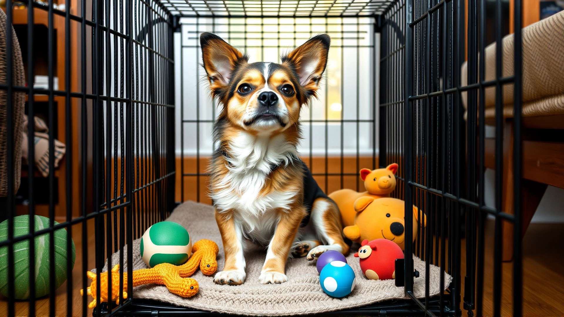 Small dog sitting comfortably inside an open crate at home with toys, showing positive crate association