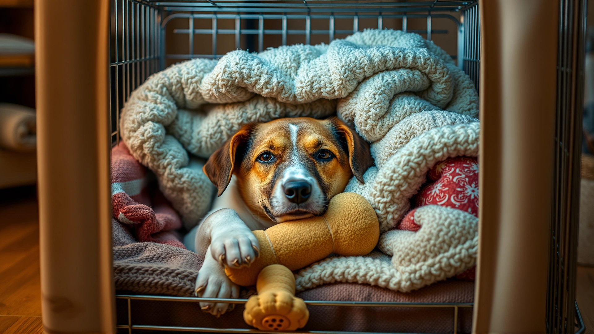 Calm dog relaxing inside a cozy crate filled with blankets and a chew toy, warm home lighting