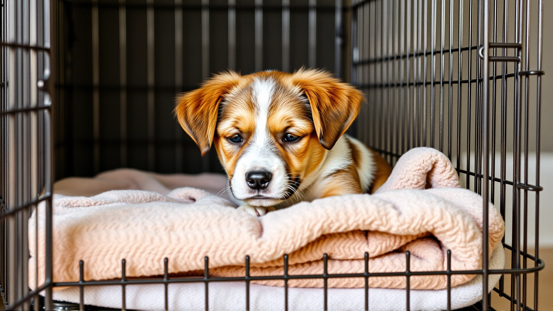 A medium-sized puppy resting comfortably inside a wire crate lined with a soft blanket, demonstrating proper crate sizing and comfort.