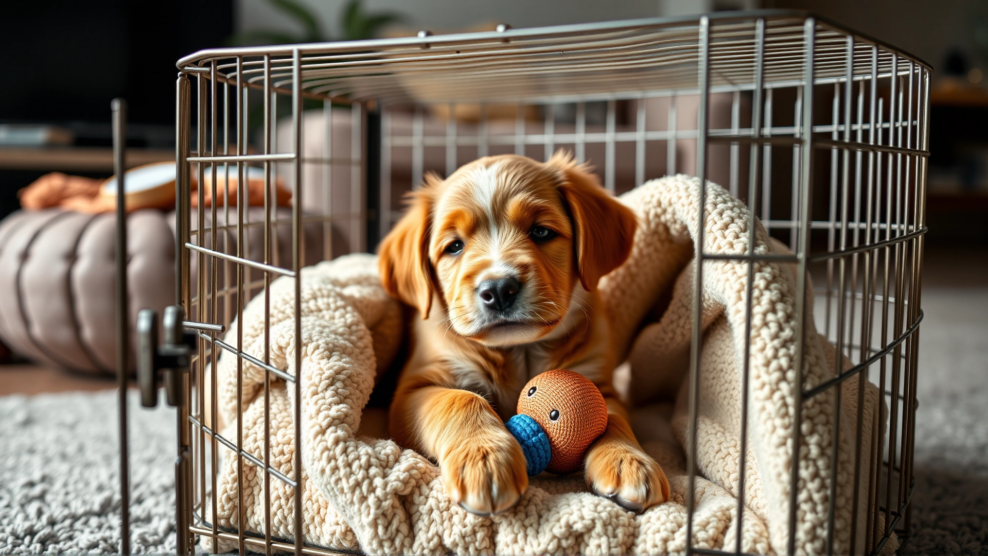 Cozy indoor scene of a puppy lying calmly inside a wire crate with soft blanket and chew toy, living room setting