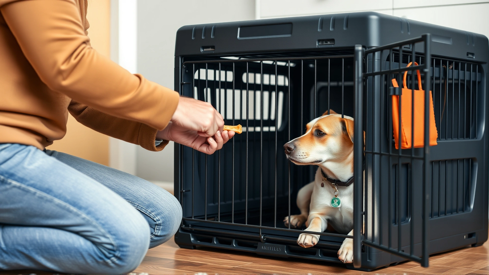 Dog owner kneeling beside an open crate door, offering a treat to a dog that is calmly sitting inside the crate