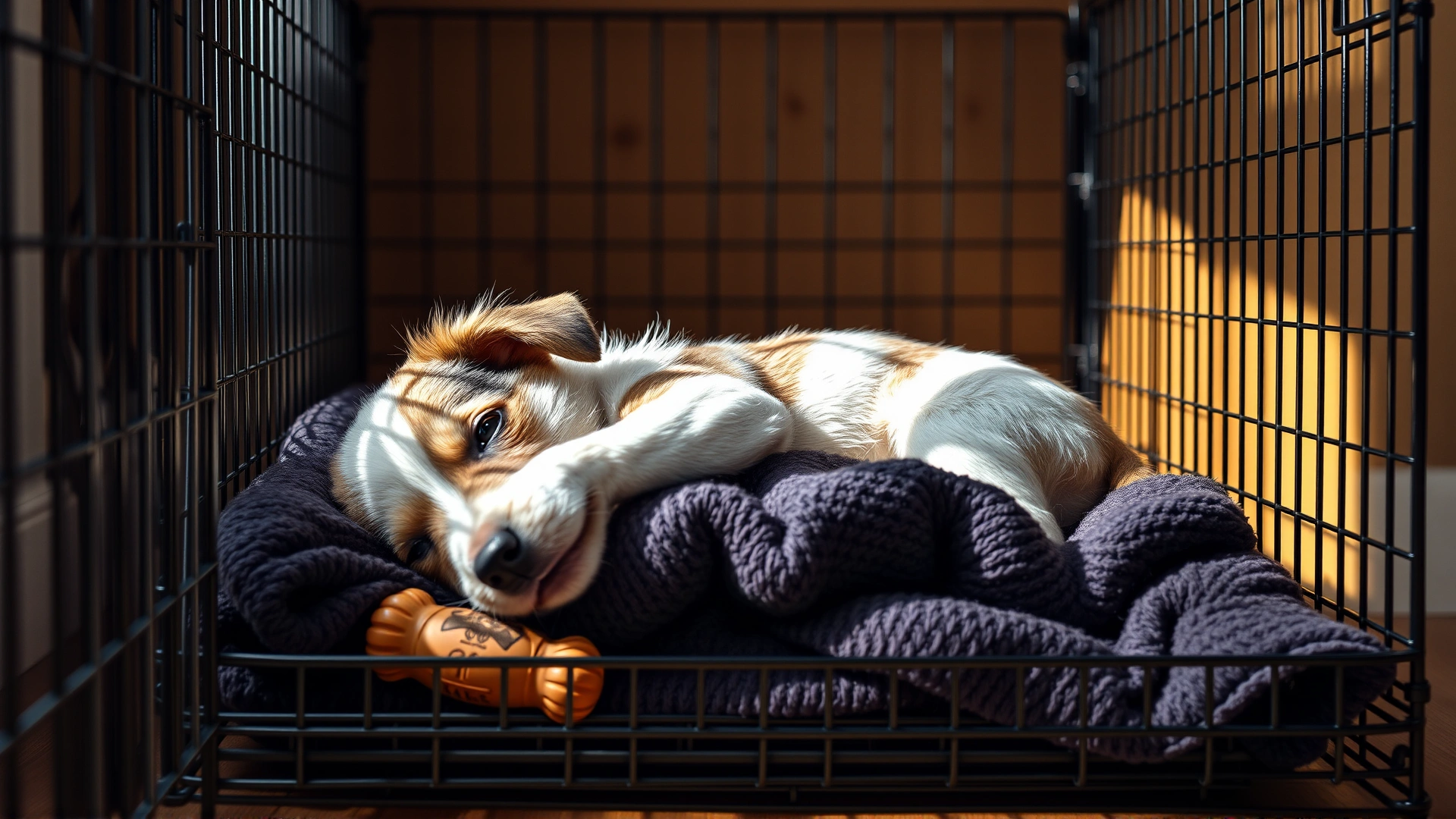 Puppy comfortably lying in an open wire crate with a blanket and a chew toy, daytime light, showing positive crate environment