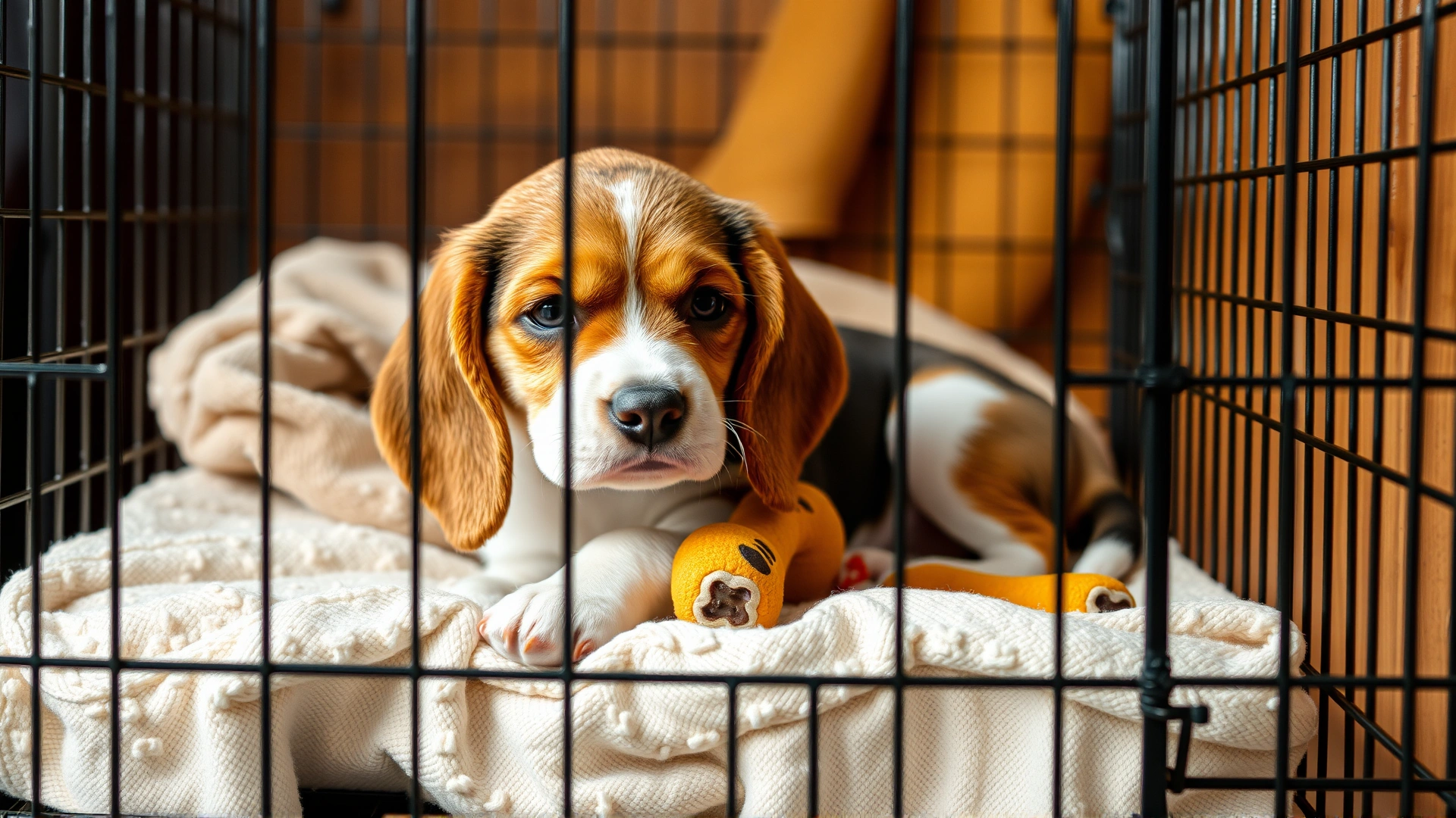 A small beagle puppy calmly lying in a spacious wire crate with soft bedding and a chew toy