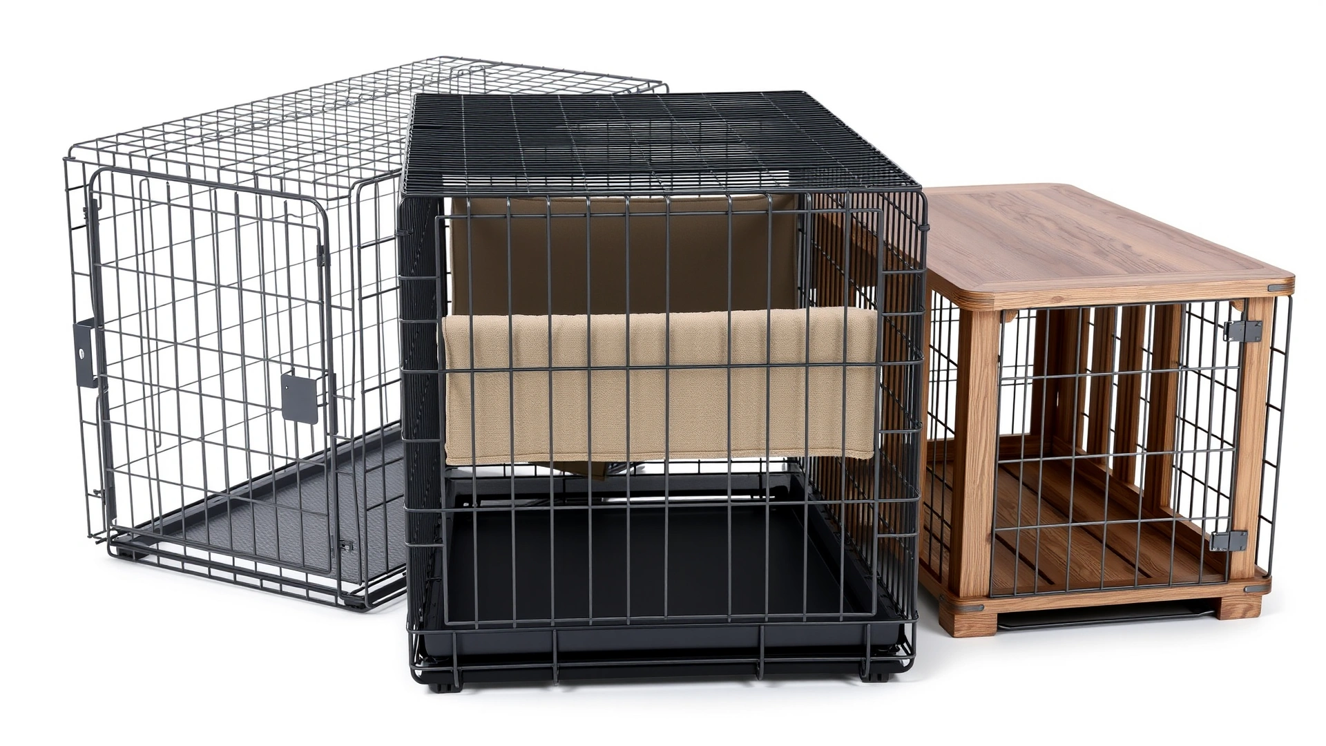 Four different empty dog crates—wire, plastic airline-approved, soft-sided fabric, and wooden furniture-style—arranged side by side on a plain white background