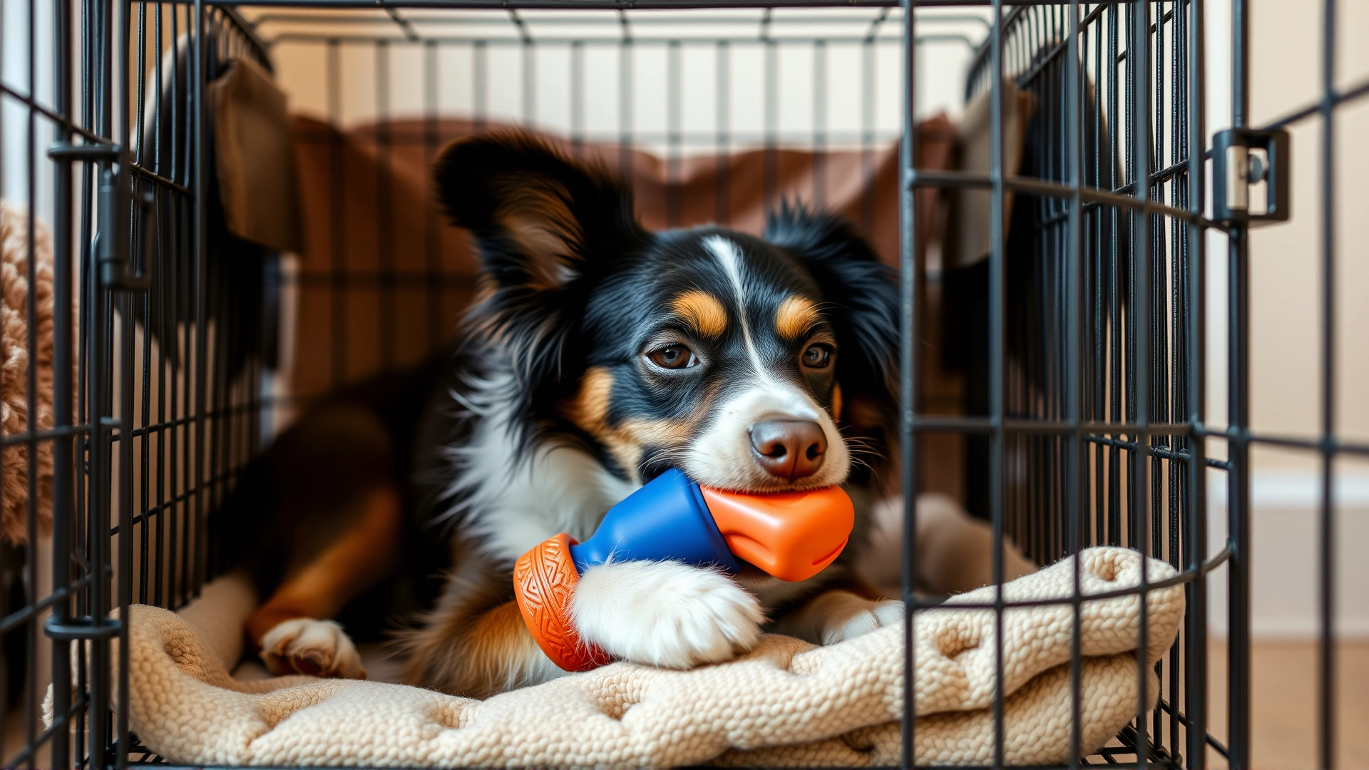 Relaxed dog lying inside an open wire crate chewing on a rubber Kong toy, soft blanket inside, daytime setting.