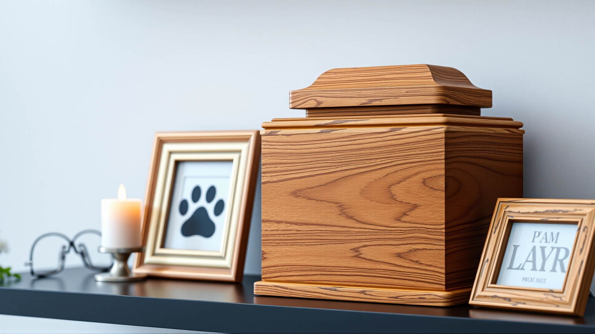 Close-up of an elegant wooden pet cremation urn on a shelf with a candle and a paw-print photo frame.