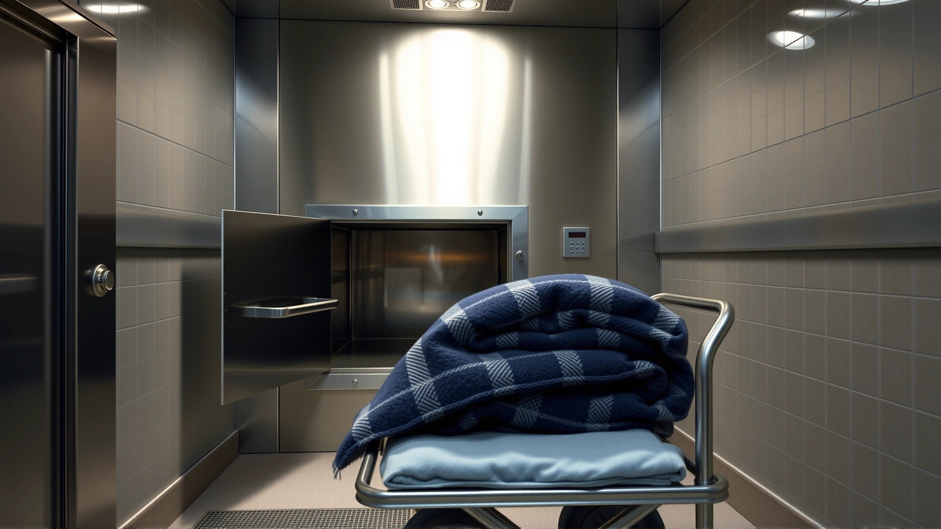 Interior view of a modern pet crematorium with a respectful setup: stainless steel furnace door slightly ajar and a neatly folded blanket on a trolley.