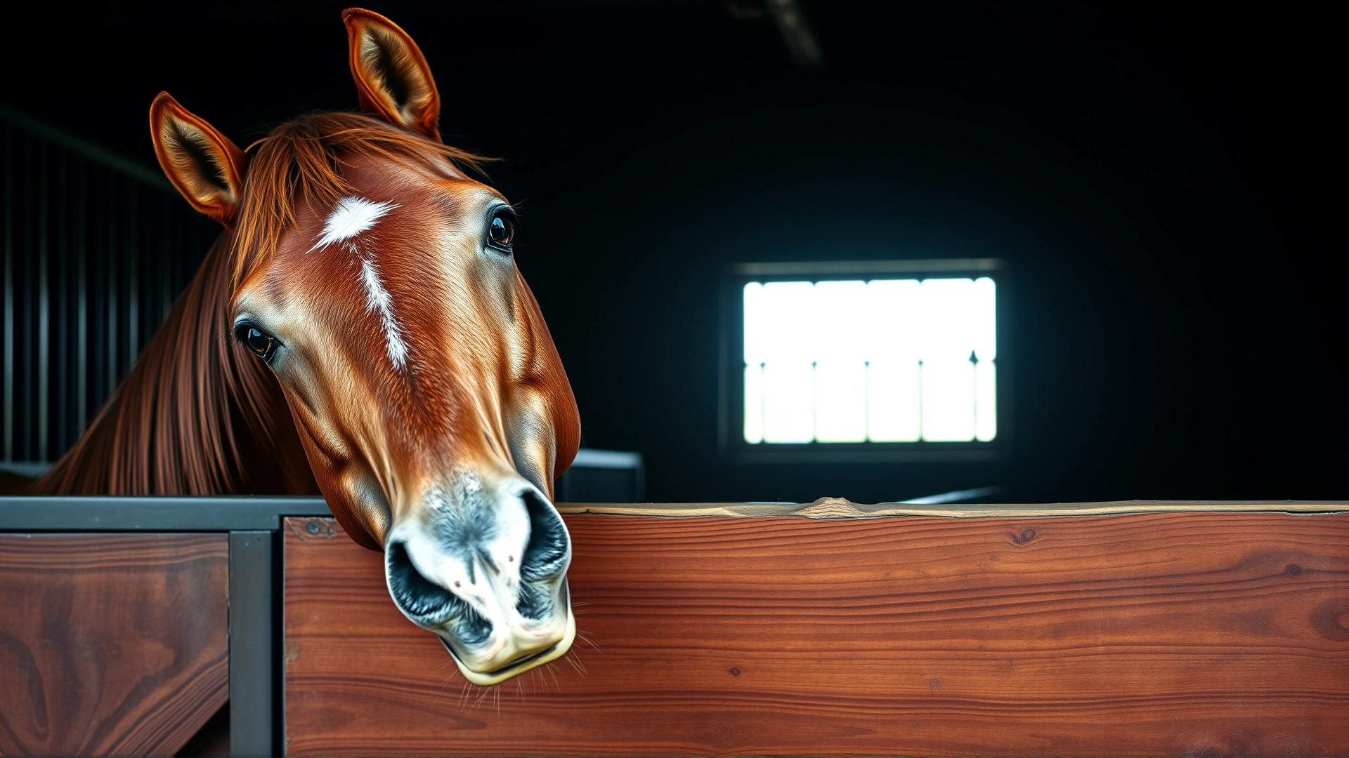 Horse inside a stall pressing its upper teeth on the wooden ledge, showing classic cribbing behavior.