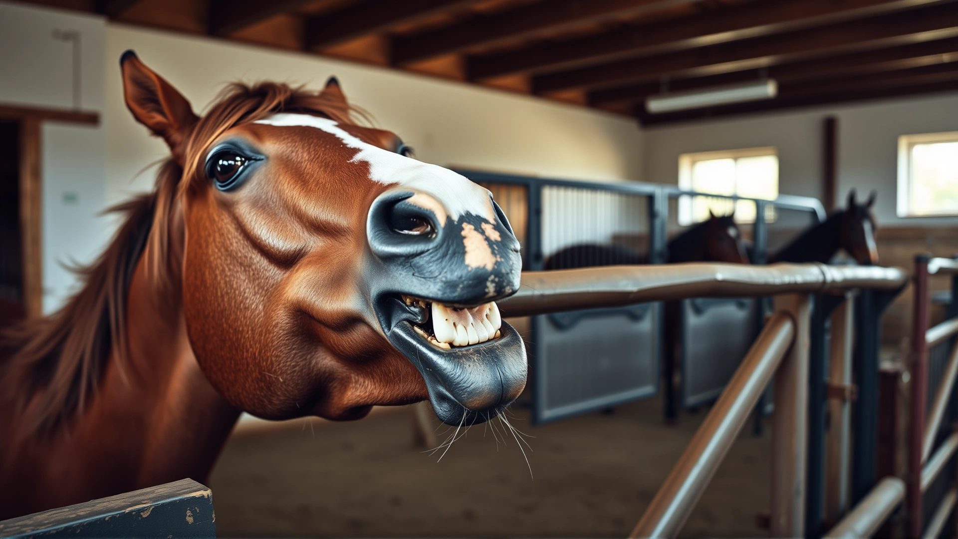 Medium shot of a bay horse with teeth on a fence rail clearly demonstrating cribbing behavior in a clean barn environment