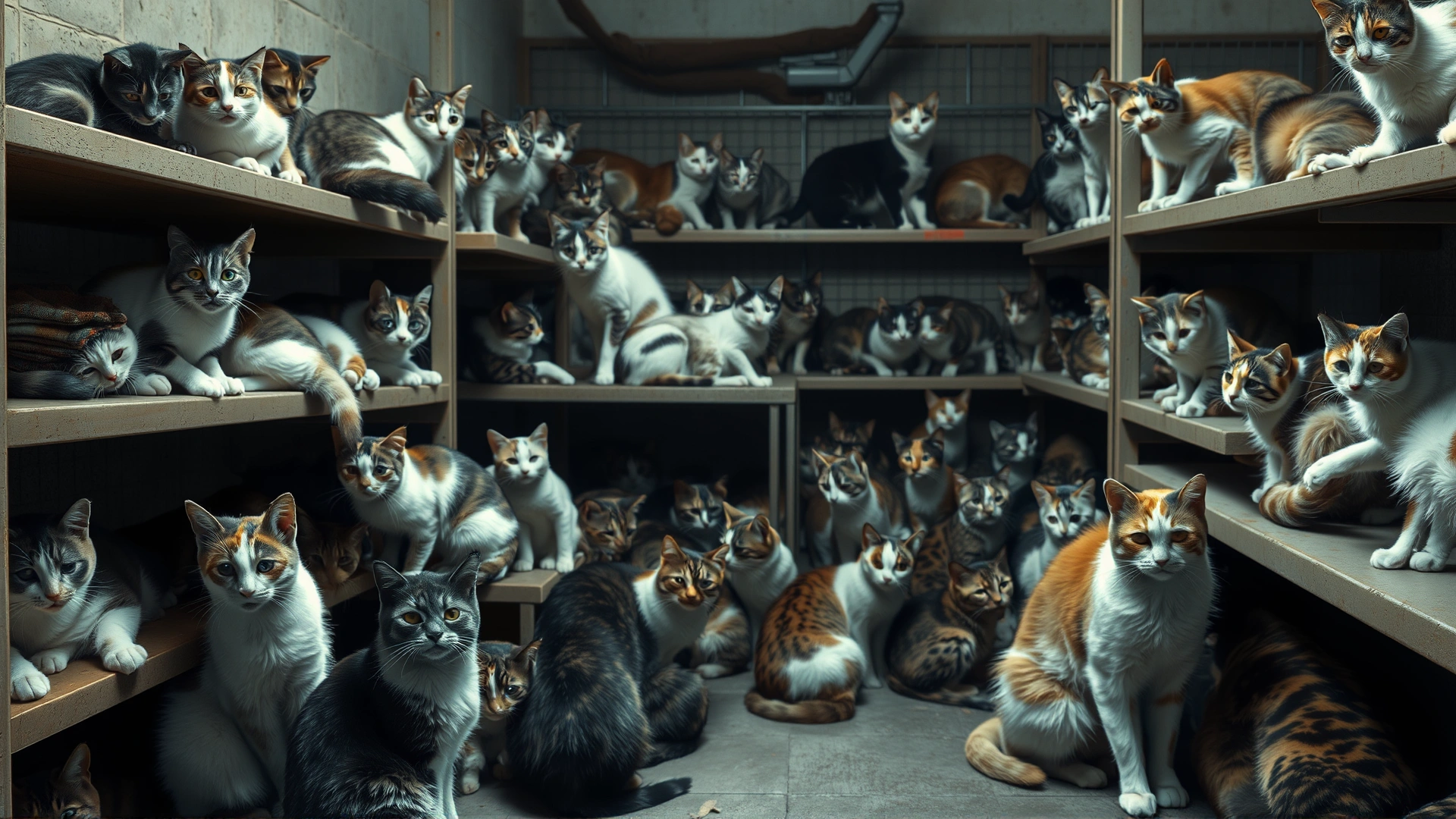 Multiple cats inside an animal shelter environment sitting on shelves and floor, slightly muted indoor light, conveys overcrowding, no text