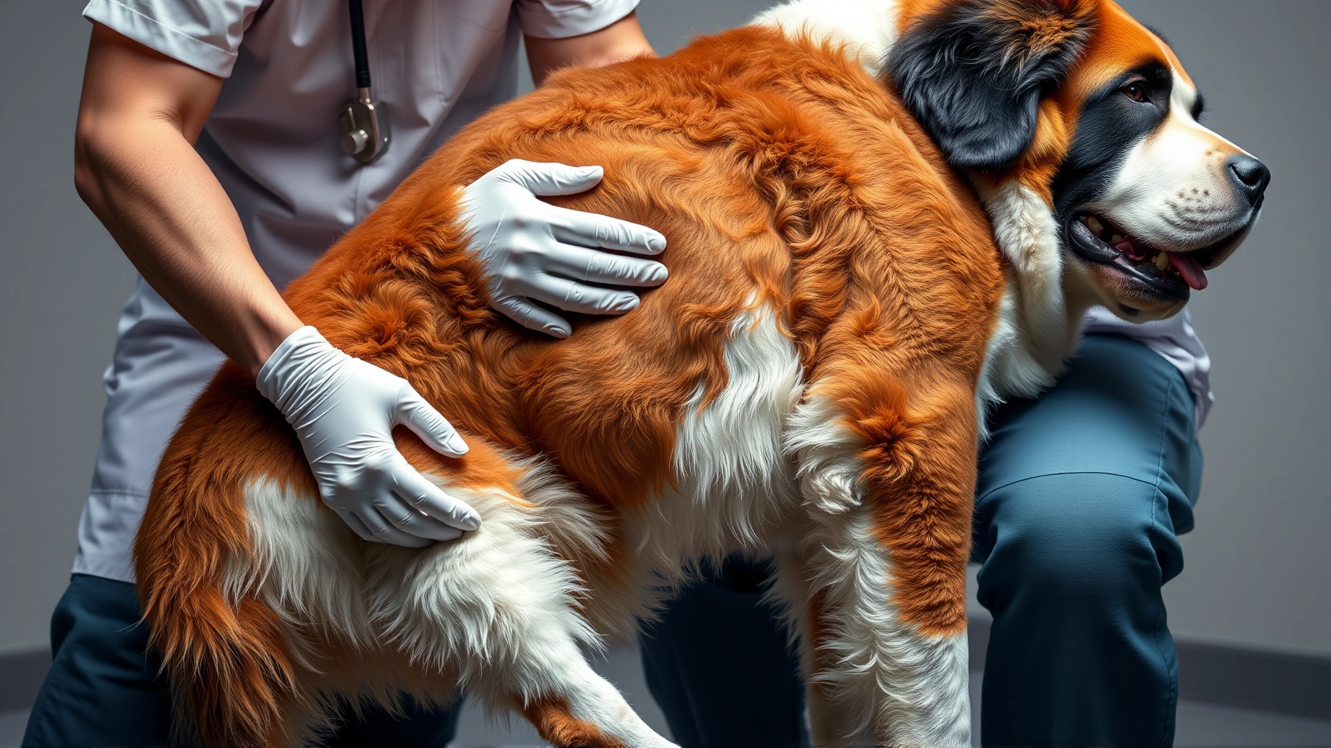 Veterinarian manipulating the hind leg of a St. Bernard to demonstrate knee examination, no text.