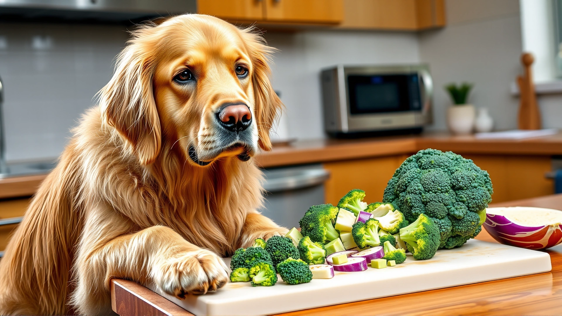 Golden retriever sitting beside chopped broccoli and cabbage on a cutting board in a kitchen