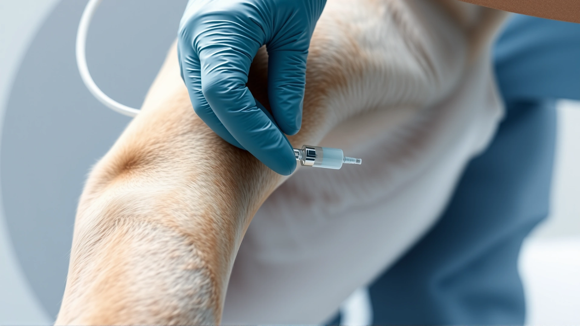 Close-up of a veterinarian placing an IV catheter into a dog’s front leg as part of CT scan preparation.