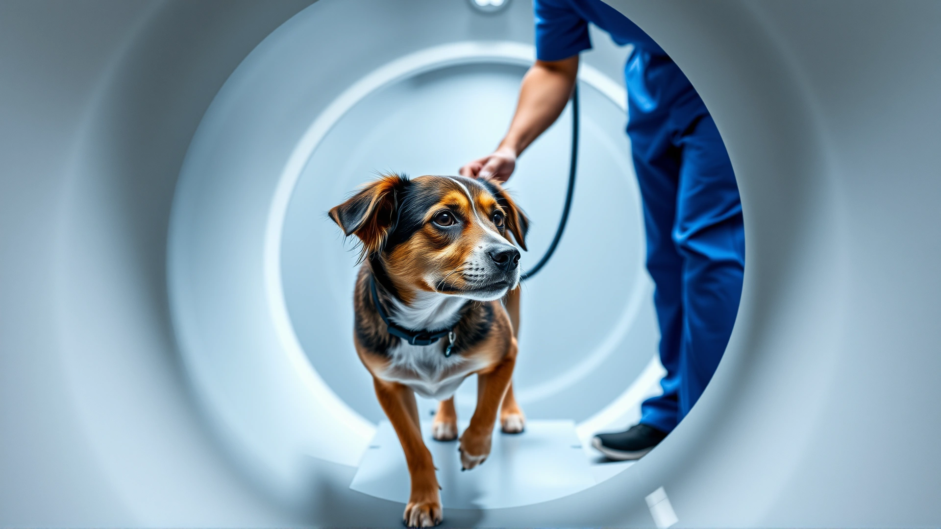 Side view of a medium-sized dog entering a CT scanner ring, veterinary technician wearing blue scrubs guiding the dog.