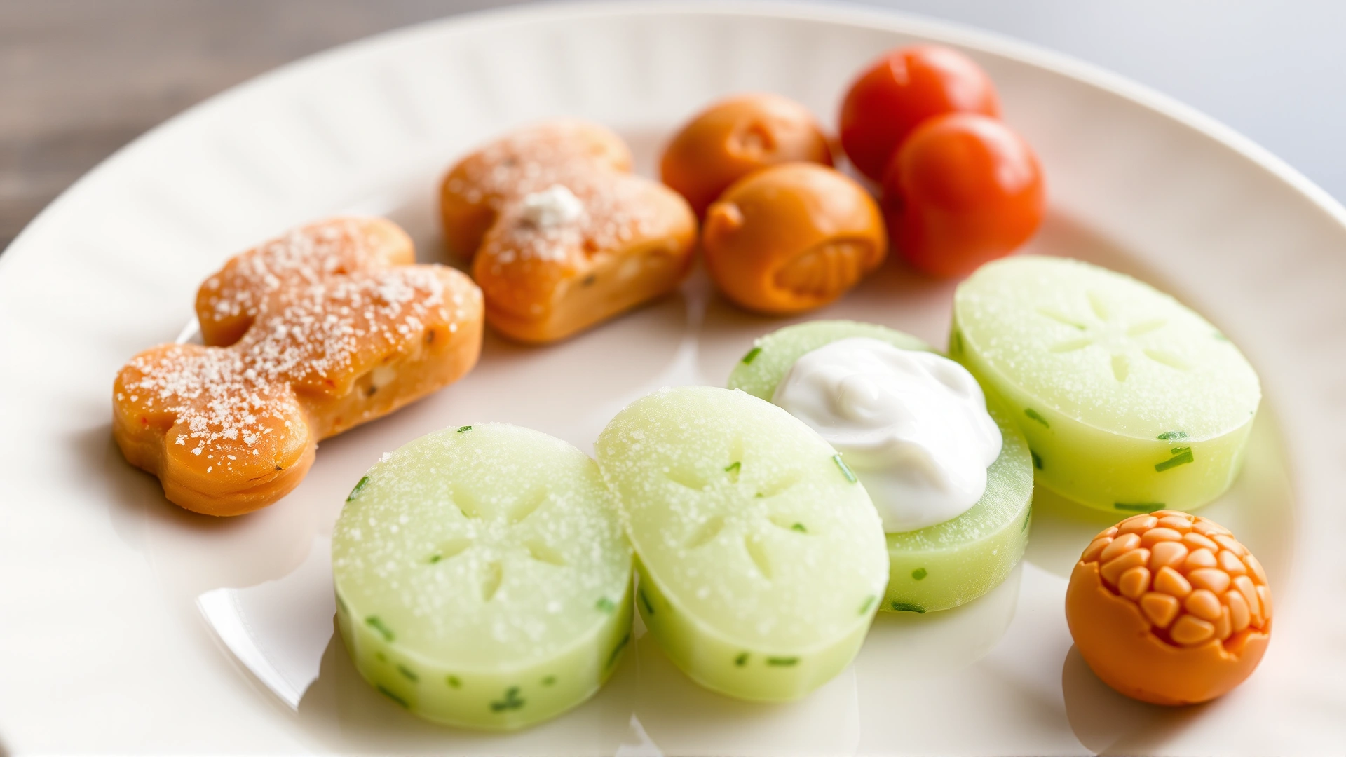Plate with frozen cucumber and yogurt dog treats arranged neatly, suggesting creative snack ideas