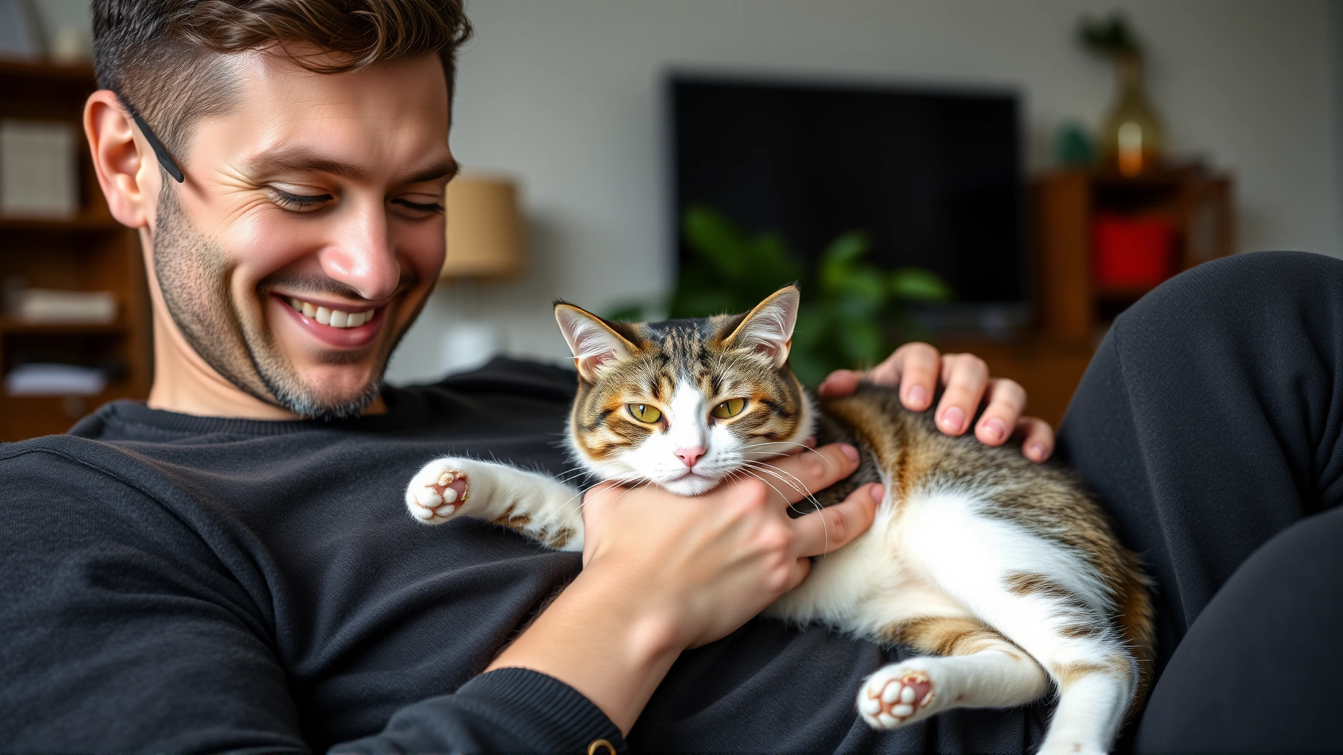 Smiling owner gently petting a cat that just un-loafed and stretched on their lap in a living room