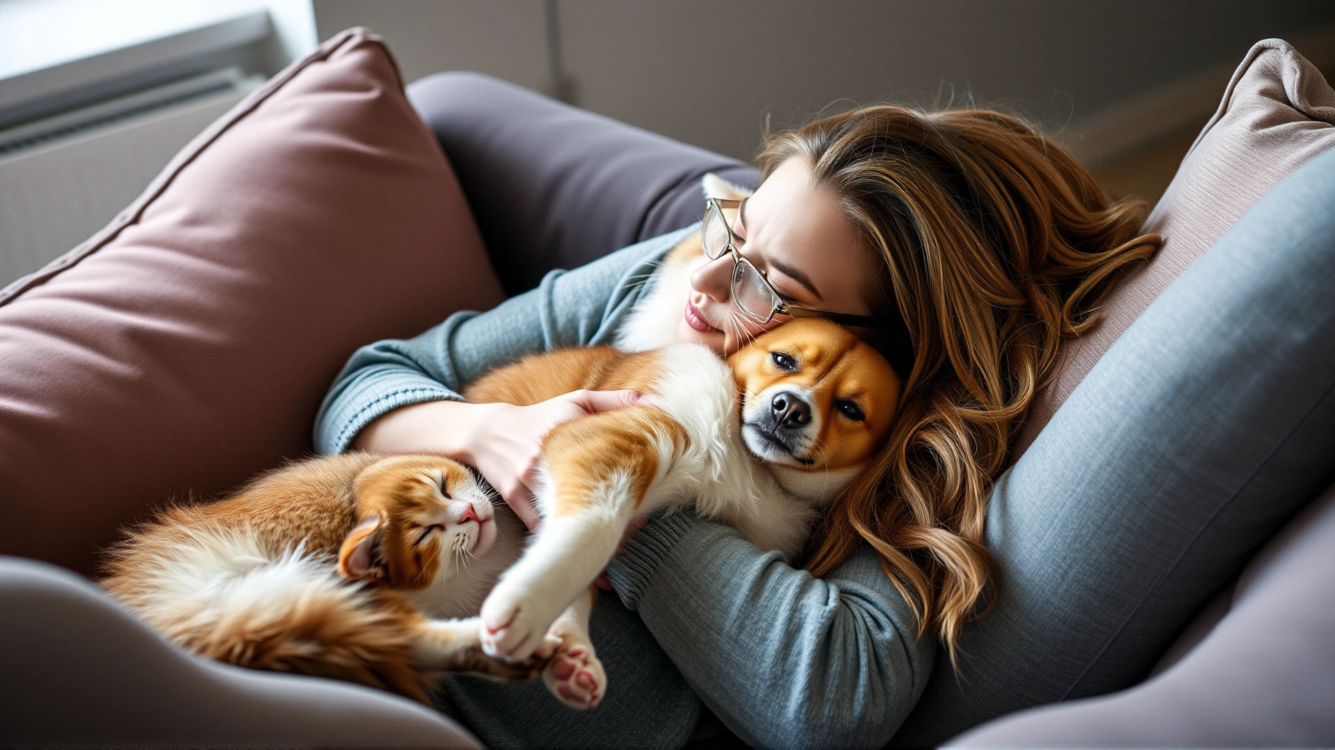 Pet parent relaxing on a sofa while hugging a contented cat and dog together