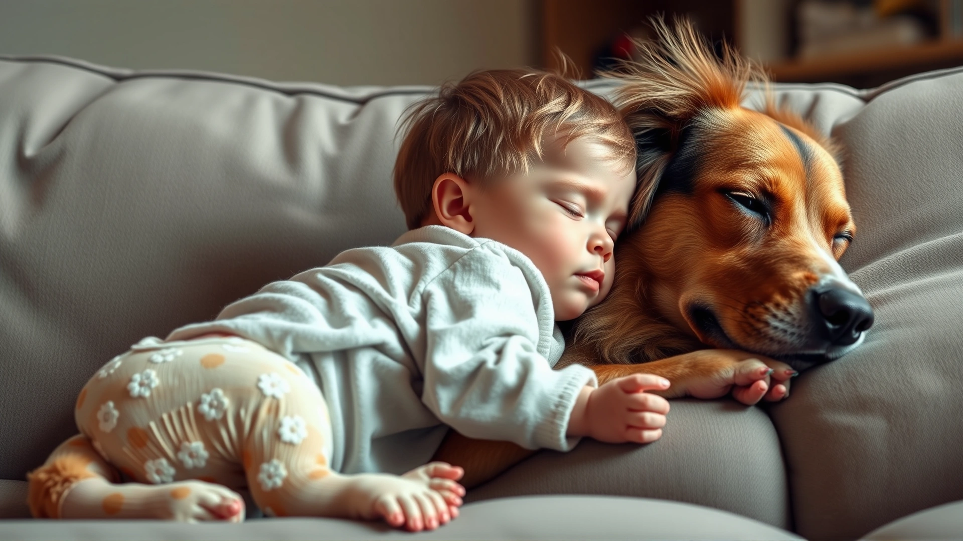 Dog and young child sleeping back-to-back on a couch, intimate and cozy atmosphere