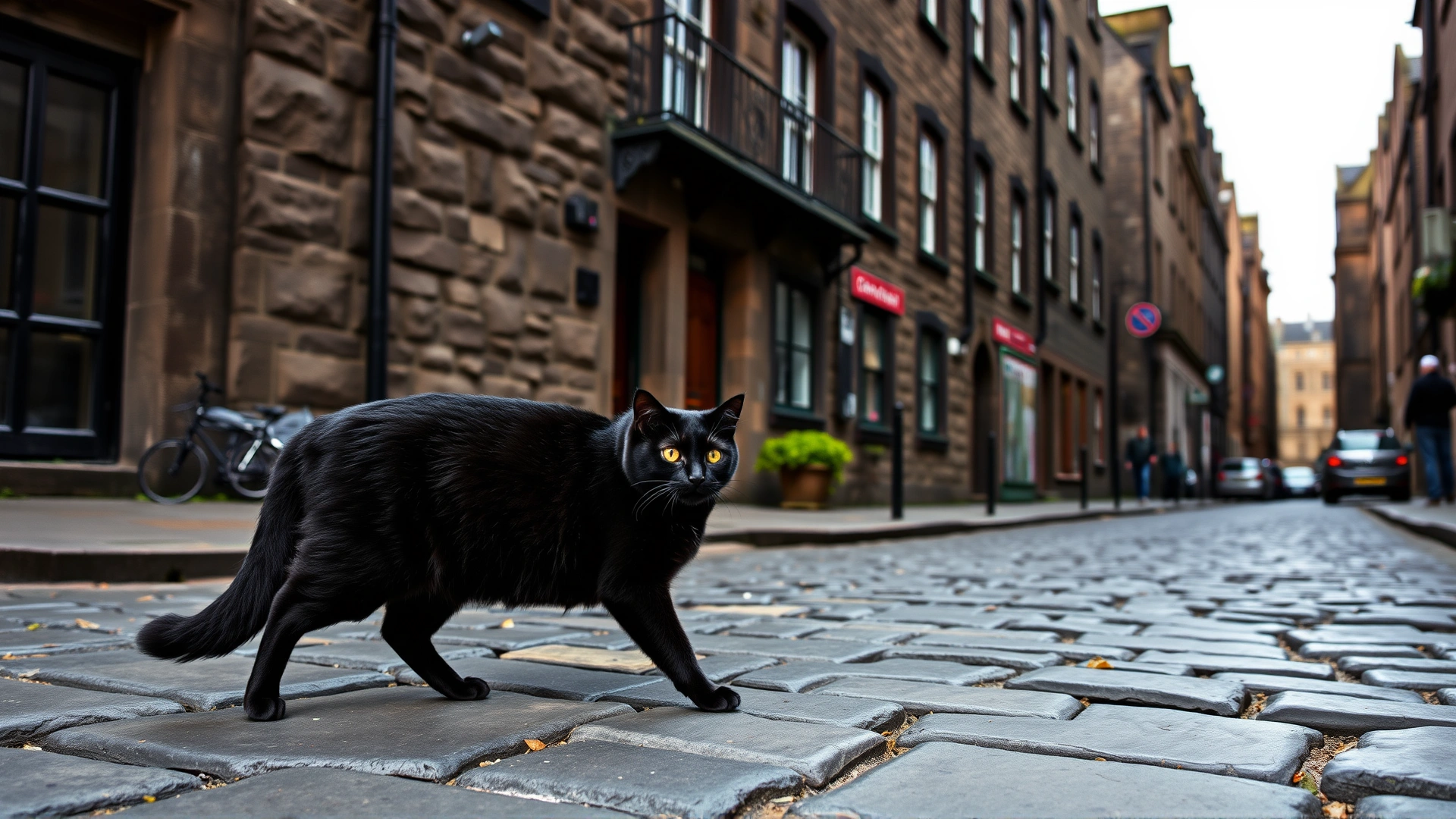 Candid photo of a black cat walking across a historic cobblestone street in Edinburgh with old stone buildings in the background, symbolizing good-luck folklore.