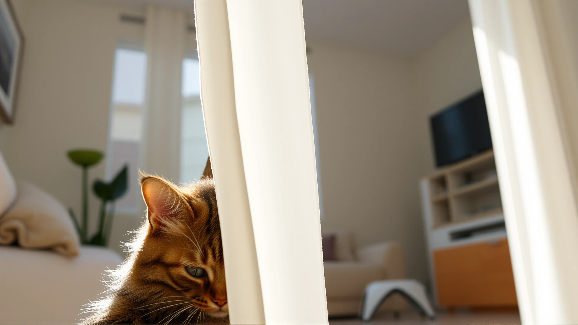 Side view of a playful tabby cat half-hidden behind a white curtain, bright afternoon light, living room background, no text