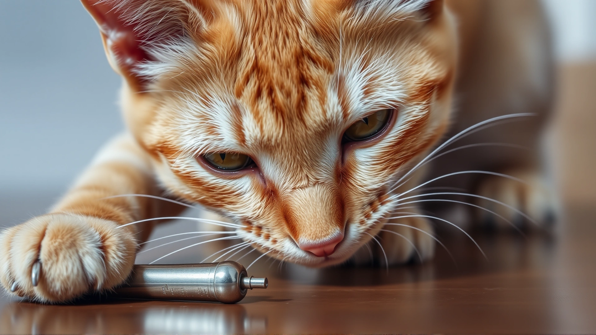 Close-up of a playful orange tabby cat investigating a small metallic object on the floor, representing initial curiosity that can lead to lead ingestion.